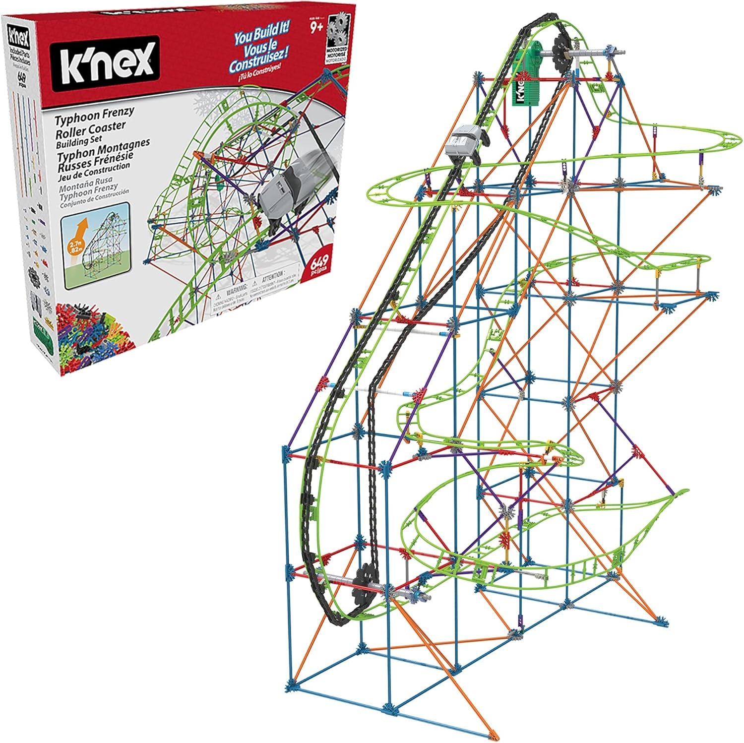 K'NEX 51438 Typhoon Frenzy Montaña rusa, modelo 2 en 1, juego de construcción colorido para niños y niñas, juguete de 19 pies, juego de construcción para niños de 640 piezas para niños a partir de 9 años