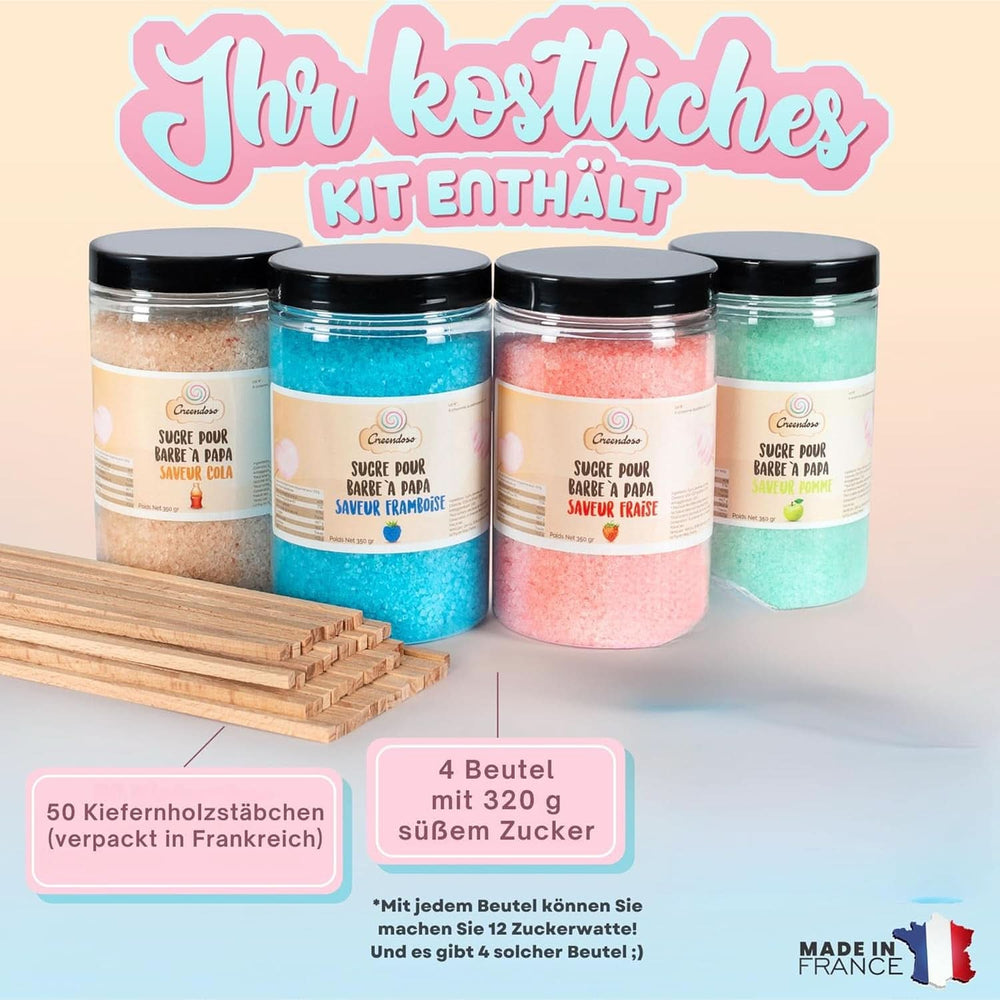 GREENDOSO® Algodón de azúcar para máquina de algodón de azúcar (4 x 320 gramos) - 4 sabores (fresa/cola/frambuesa/manzana) + 50 barritas - MADE in FRANCE Naty Shop