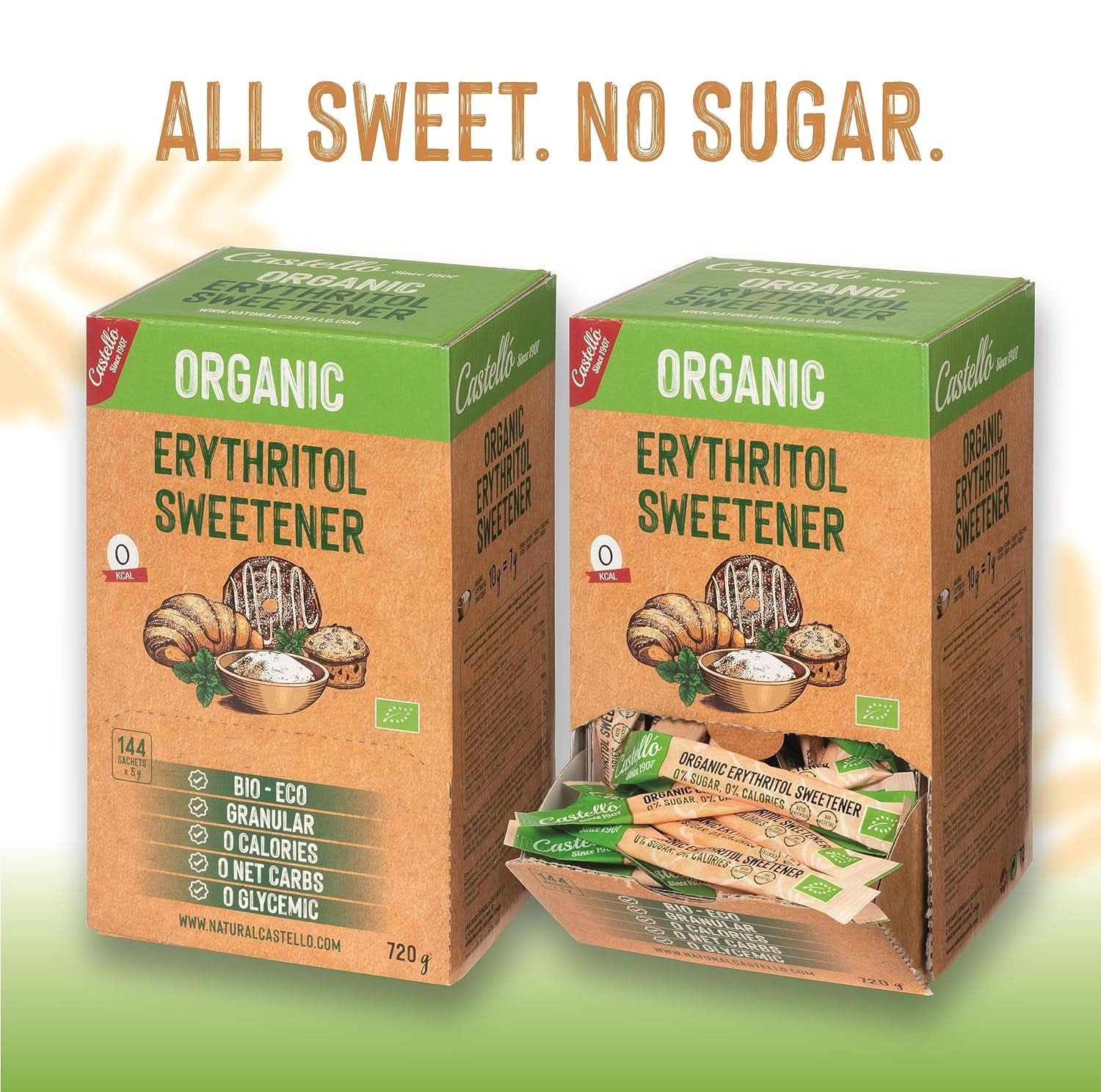 Eritritol orgánico natural | 144 bolsitas de 5 G, 720 gramos totales Edulcorantes Naty Shop