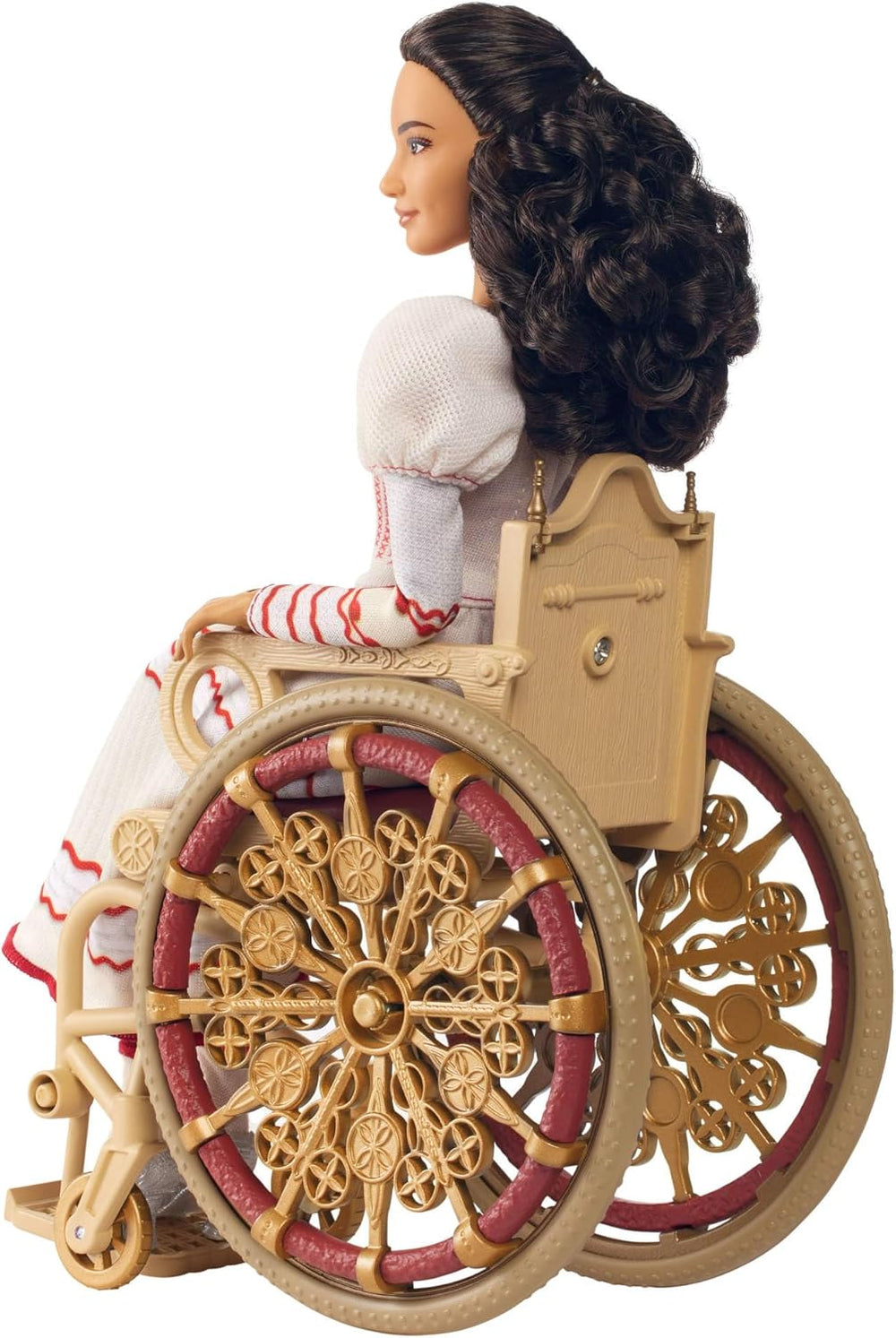 Păpușă de modă Mattel Wicked Nessarose și accesorii, inclusiv scaun cu rotile, cu păr creț castaniu, diverse poziții posibile și aspect de rochie de bal detașabilă, HXY36
