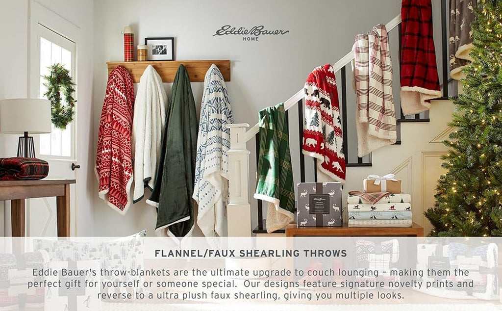Eddie Bauer pătură, flanelă de bumbac, decorațiuni interioare, reversibilă, lenjerie de pat sherpa, carouri de pin, aruncare Plapumi si pilote Naty Shop