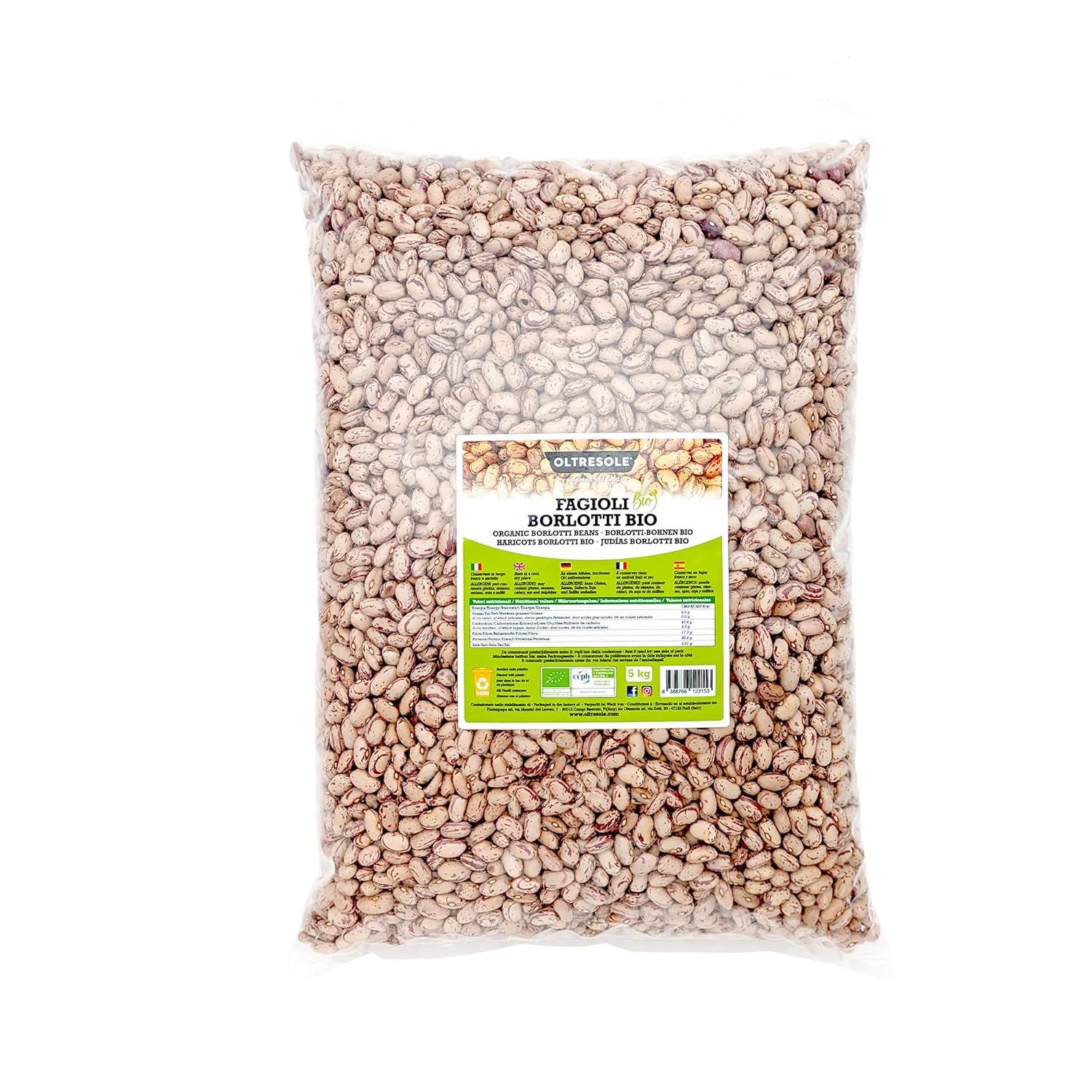 Frijoles Borlotti ecológicos 5 kg, Legumbres ecológicas secas de cultivos controlados, Ideal para ensaladas, sopas y guarniciones, Formato cómodo