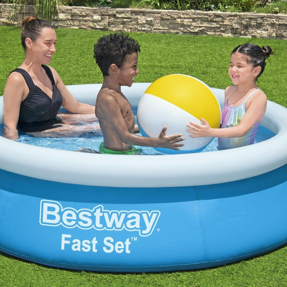 Piscina elevada Bestway Fast Set sin bomba, Ø 183 x 51 cm, azul, redonda, 940 litros, material TriTech, automontable, válvula de seguridad, incl. parche de reparación
