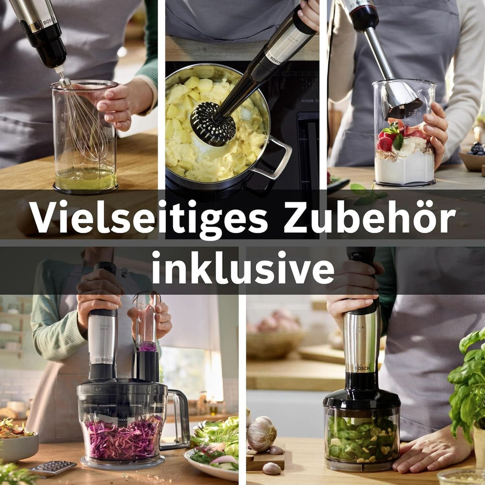 Bosch Stabmixer Ergomaster Serie 6 MSM6M673, 10 Jahre Motorgarantie, Edelstahl-Klingen, Verschleißfreie Keramik-Kupplung, Luftkühlung, Zerkleinerer, Kartoffelstampfer, Schneebesen, 1000 W Cocina Naty Shop