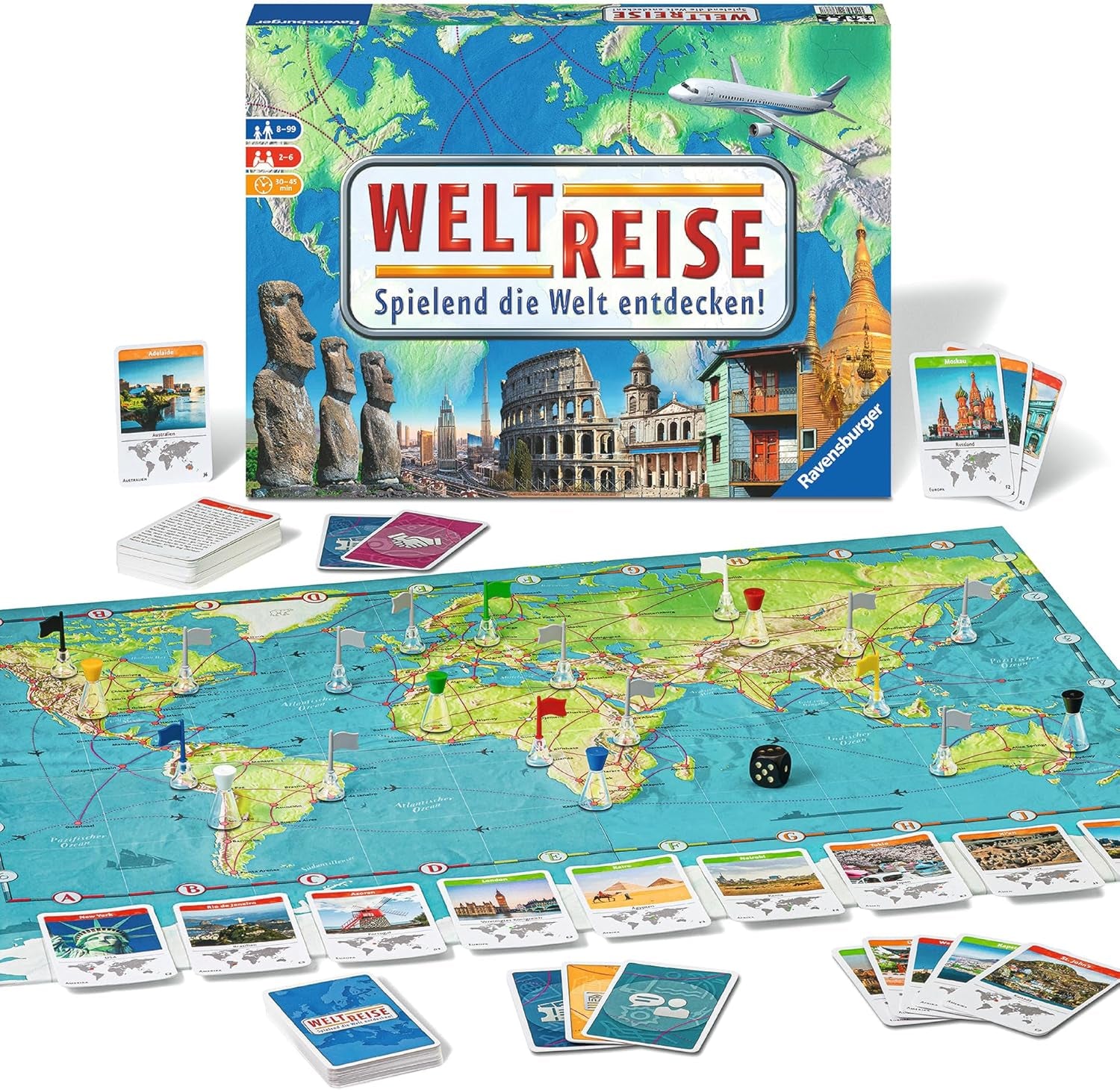 Ravensburger Family Game 26888 - World Tour - Clásico para familias, a partir de 8 años - Party game, viajes por el mundo, juego de mesa para hasta 6 jugadores - Más de 170 ciudades