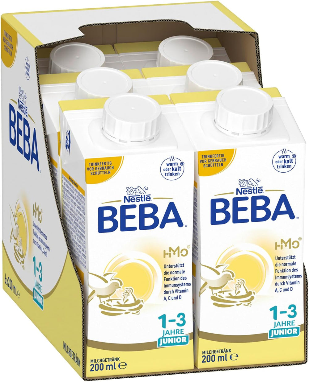 BEBA Bebida de leche lista para beber para niños de 1 a 3 años, con HMO, contenido de proteínas apropiado para la edad, sin aceite de palma, sin aceite de pescado, comida para niños pequeños, paquete de 6 (6 x 200 ml)