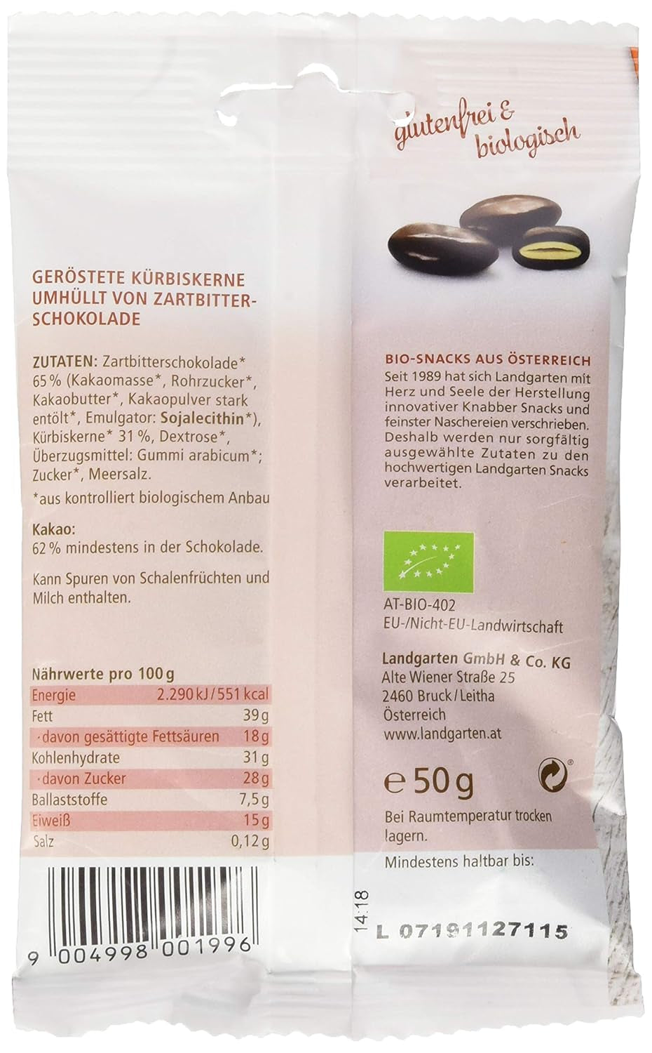 Landgarten Semillas de Calabaza Orgánicas en Chocolate Negro - Snack Vegano de Chocolate con Semillas de Calabaza Tostadas - Fuente de Magnesio - 1 x 50 g