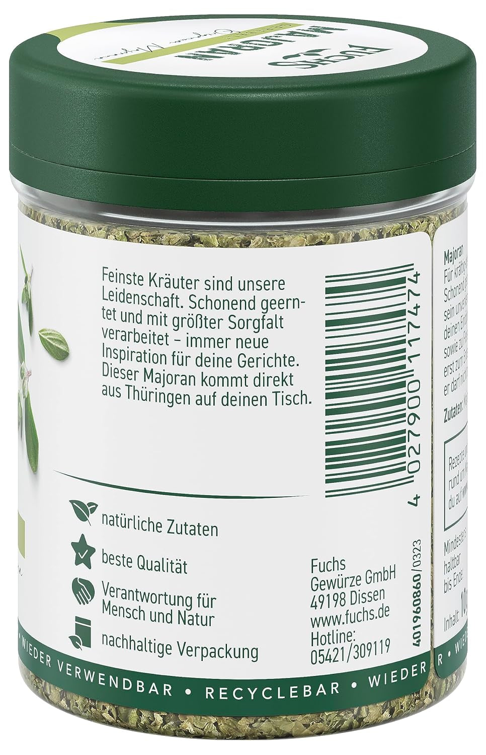 Fuchs Gewürze - Mejorana gerebelt - zum Würzen von Kartoffelgerichten, Fleischgerichten oder Eintöpfen - ingredientes naturales - 10 g en wiederverwendbarer, recyclebarer Dosis