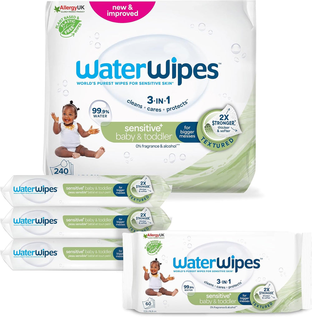 WaterWipes Sensitive+ Toallitas húmedas para bebés y niños pequeños, 720 unidades (paquete de 12), limpieza, cuidado, protección 3 en 1, 99,9% agua, limpieza texturizada, sin fragancia