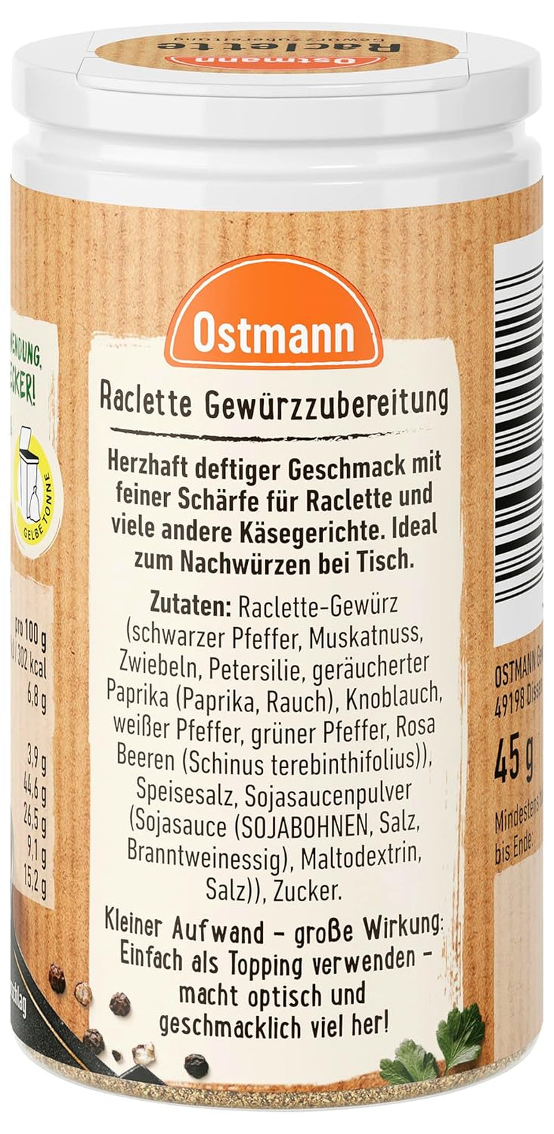Ostmann Gewürze - Raclette Gewürzzubereitung | Zum Würzen von Käsegerichten | Reciclado, nachfüllbare Streudose | 45 g en Streuer