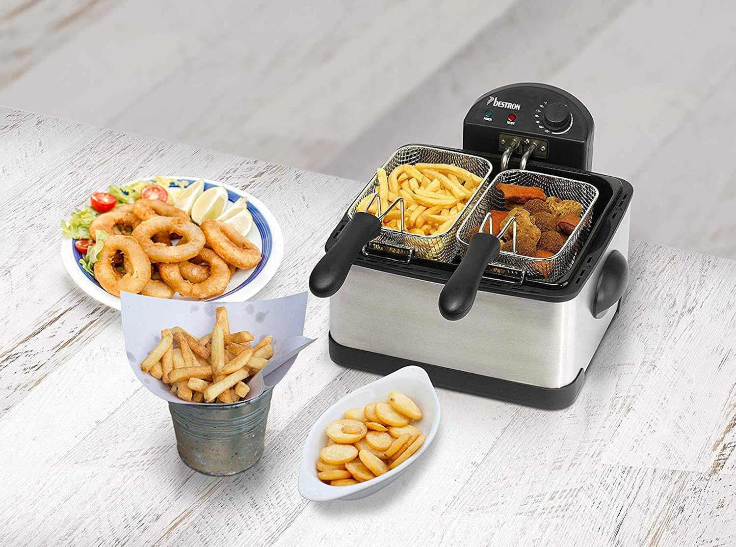 Freidora de aceite Bestron XL Con 3 cestos para freír, Incluye tecnología de zona fría y depósito de aceite extraíble, 4 litros, 2000 W Electrodomésticos Naty Shop