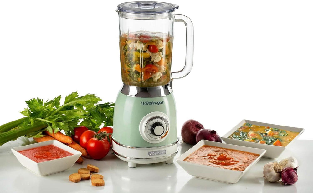 Ariete Vintage 583 Batidora de vaso, batidora multifunción retro con 4 grifos, 4 geschwindigkeiten + función de pulso, función de triturador de hielo, 1,5 litros de capacidad, 1000 W, Green Kitchen Naty Shop