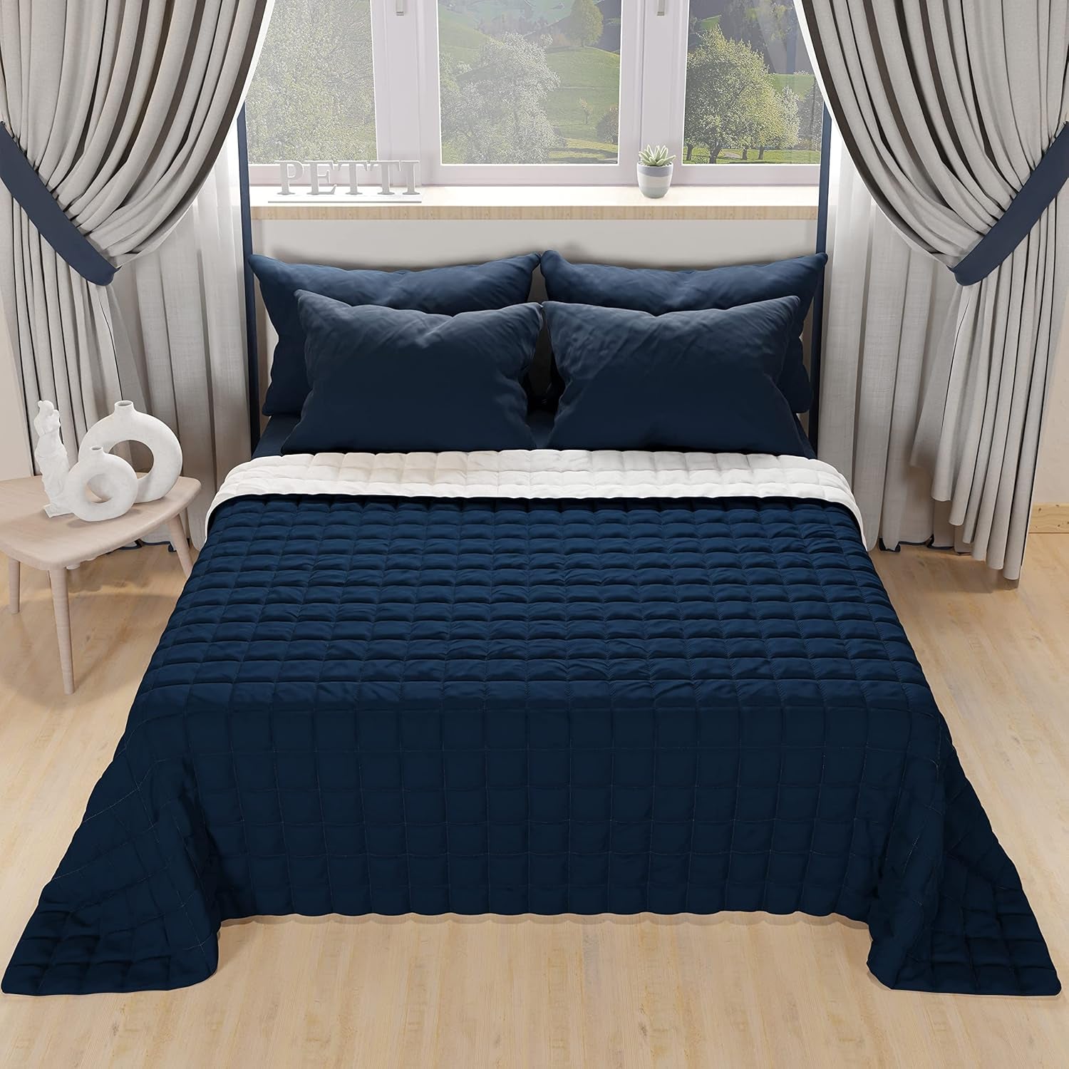 PETTI Artigiani Italiani - Edredón cama individual, edredón doble cara, edredón primaveral, azul medianoche, blanco, 100% Made in Italy Edredones y edredones Naty Shop