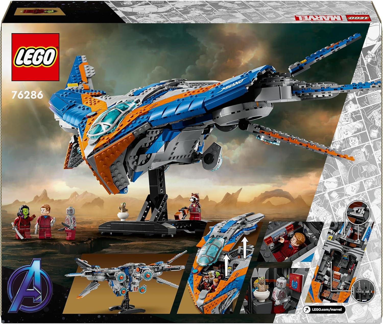 LEGO Marvel Guardianes de la Galaxia: Modelo de Nave Espacial de Construcción Milano con 4 Minifiguras de Superhéroes Volador de Los Vengadores para Aventuras Espaciales Regalo para niños y niñas 76286 Juegos de construcción Beuche den LEGO-Store
