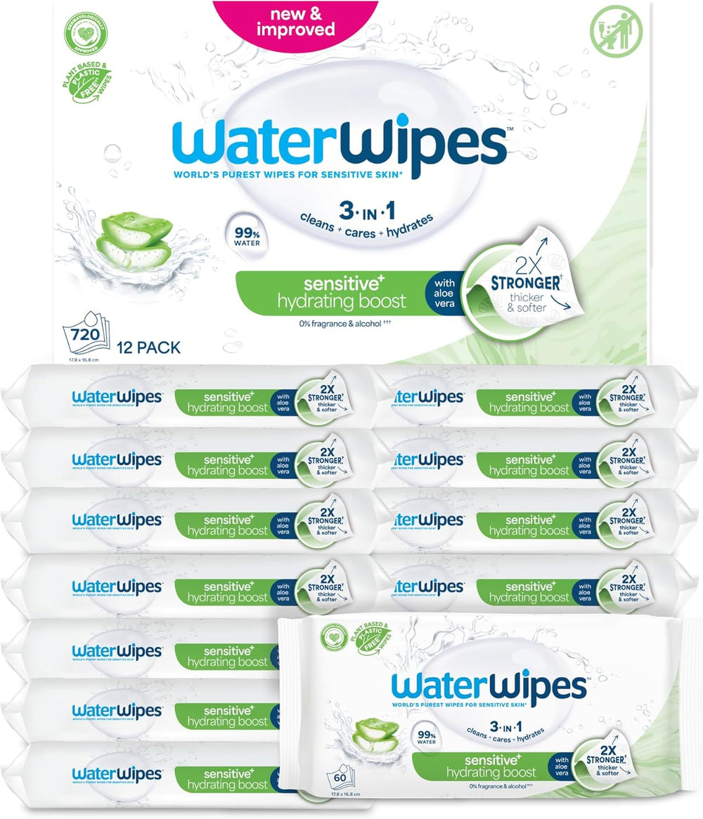 Toallitas húmedas WaterWipes Sensitive+ Hydrating Boost, toallitas hidratantes, 360 piezas (paquete de 6), 3 en 1 limpieza, cuidado, hidratación, 99% agua de aloe vera, toallitas para bebés sin perfume