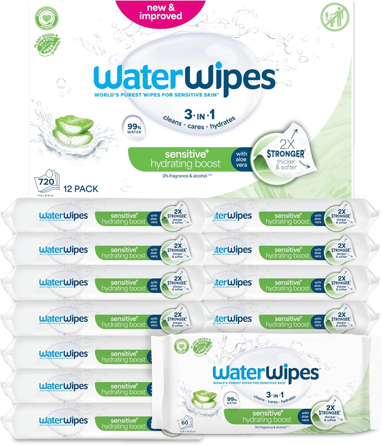 Toallitas húmedas WaterWipes Sensitive+ Hydrating Boost, toallitas hidratantes, 360 piezas (paquete de 6), 3 en 1 limpieza, cuidado, hidratación, 99% agua de aloe vera, toallitas para bebés sin perfume