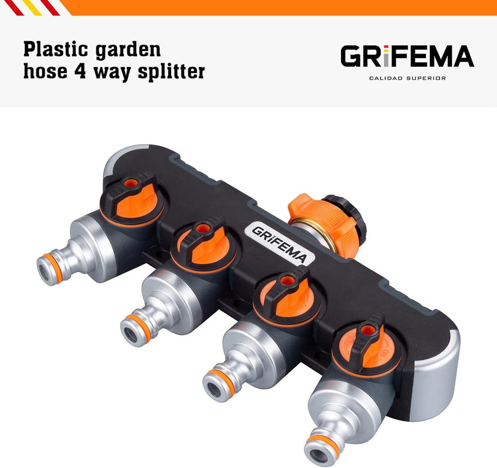 Distribuitor GRIFEMA cu 4 căi, racord de apă de 3/4 inch și 1/2 inch, 4 dispozitive pot fi conectate simultan, debit de apă reglabil, portocaliu/negru