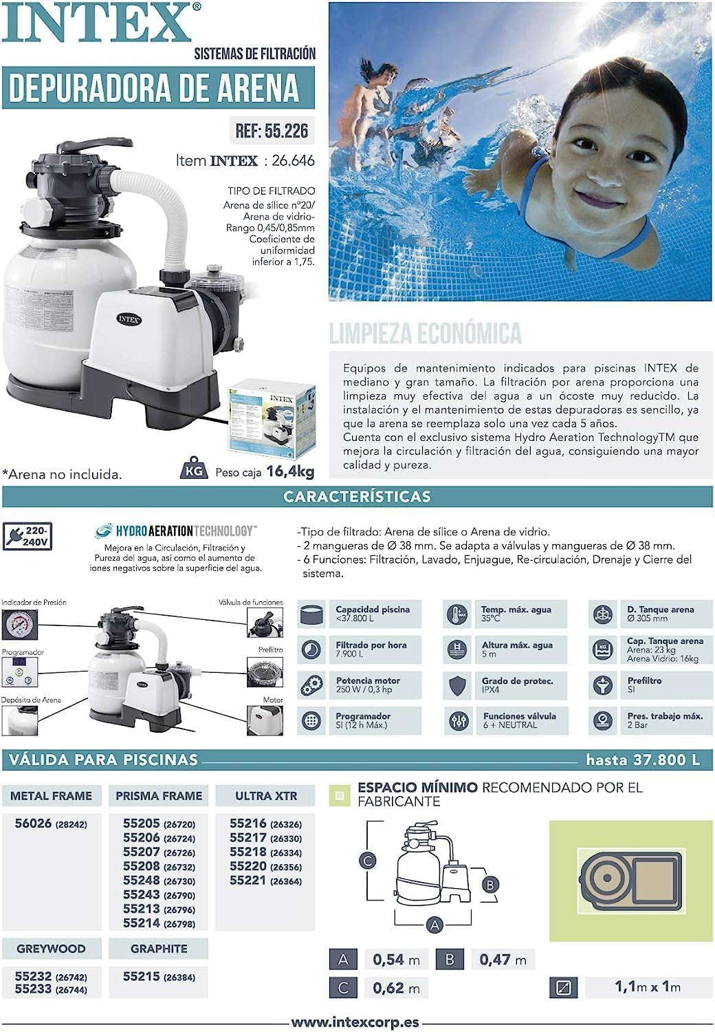 Depuradora de arena Intex Krystal Clear 7,9 m³ para piscinas de hasta 36.000 l 26646