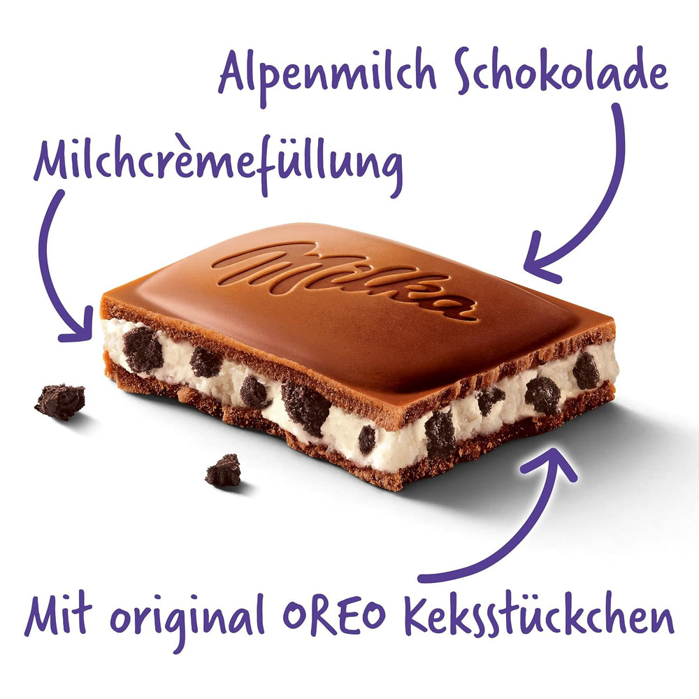 Milka Oreo – Chocolate con leche alpino relleno de crujientes trozos de galletas Oreo y suave crema de vainilla – 100g