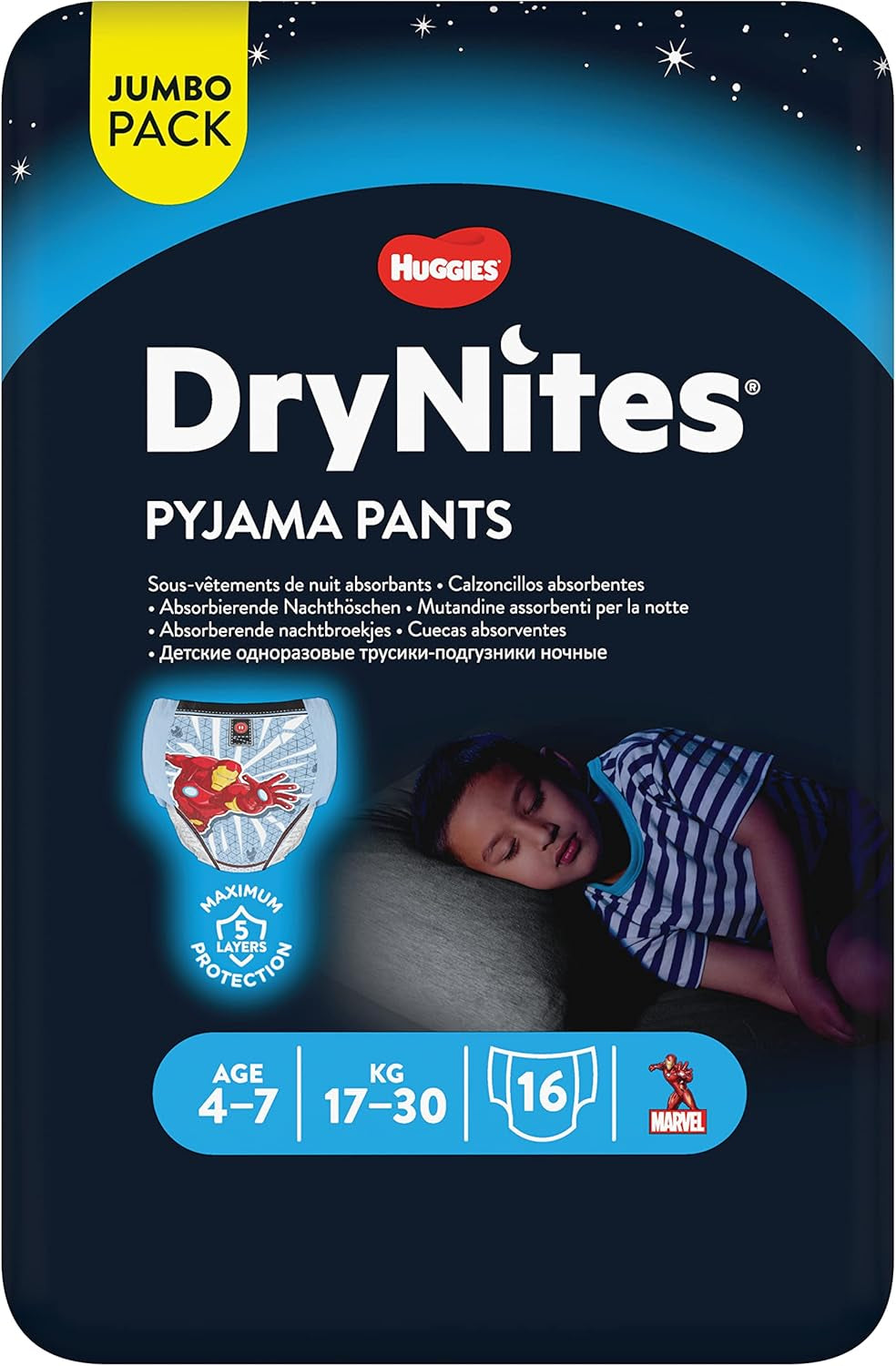 DryNites Pañales absorbentes para mojar la cama durante la noche para niños de 4 a 7 años (17 a 30 kg), paquete mensual gigante, 64 unidades