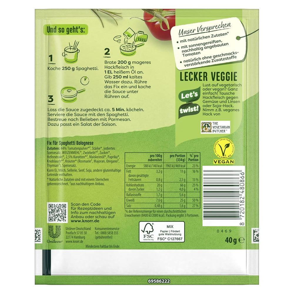 Knorr Fix Würzmischung Spaghetti Boloñesa para un delicioso plato de fideos con ingredientes naturales 40 g