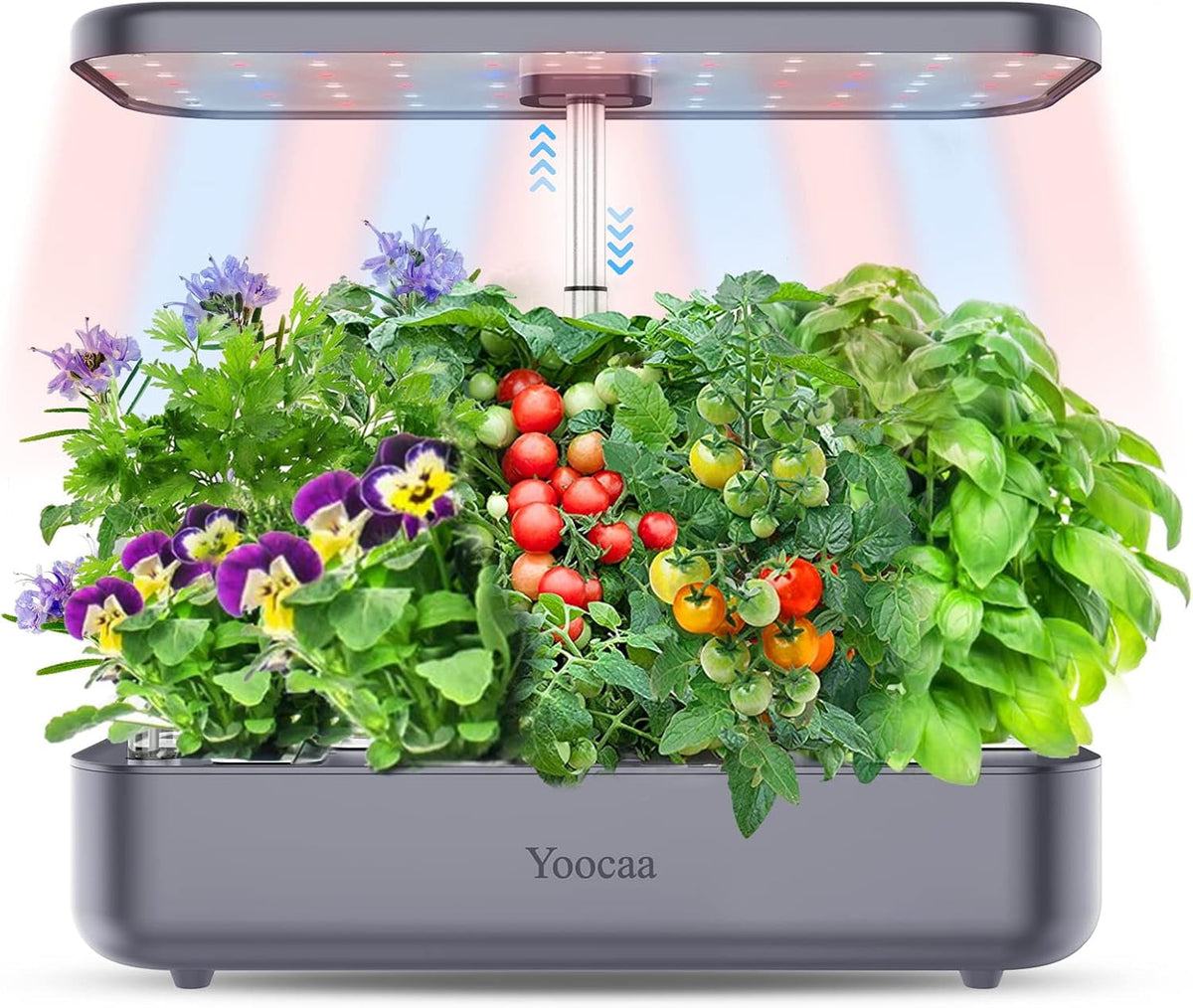 Sistem de creștere hidroponică cu 12 ustensile, Set de grădină de plante aromatice de interior cu lumină LED, Grădină inteligentă pentru casă, Bucătărie, Kit de germinare cu temporizator automat (Gri)