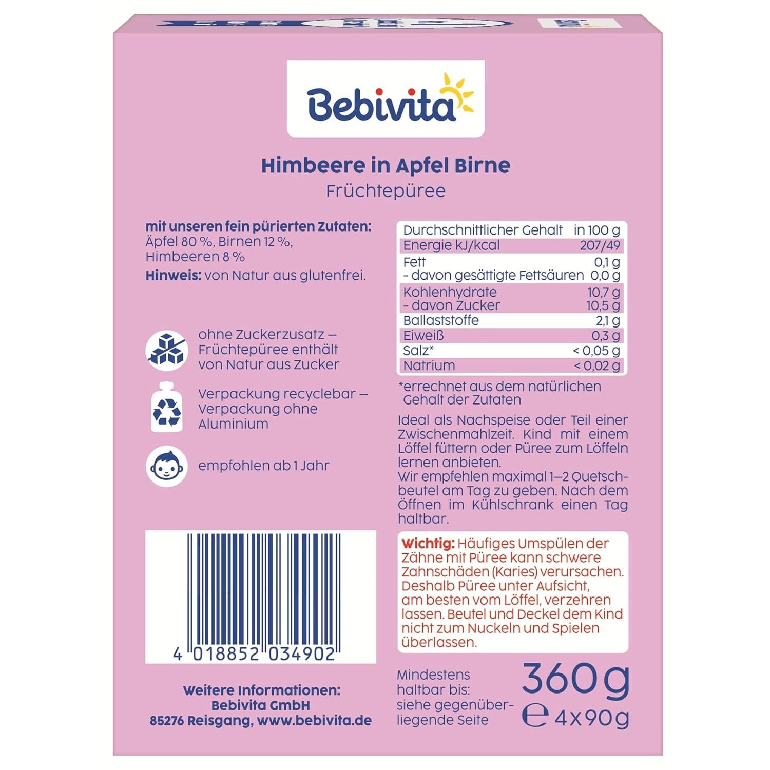Himbeere in Apfel Birne Quetschie – 16 Stück (4er Pack, je 4 x 90g), sin Zuckerzusatz, sin gluten, ideal para refrigerios fuera de casa y autónomos