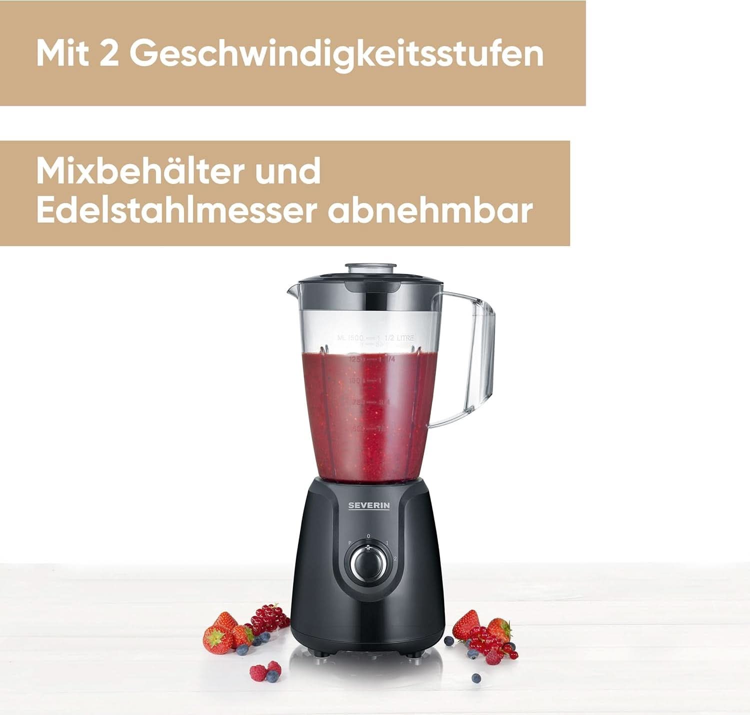 SEVERIN Batidora con base con 1,5 L Mixbehälter Aus Tritan, Batidora con 2 cosas y función de pulso, Leistungsstarker Küchenmixer Mit Edelstahlmesser, 600 W, Negro, SM 3707 Cocina Naty Shop