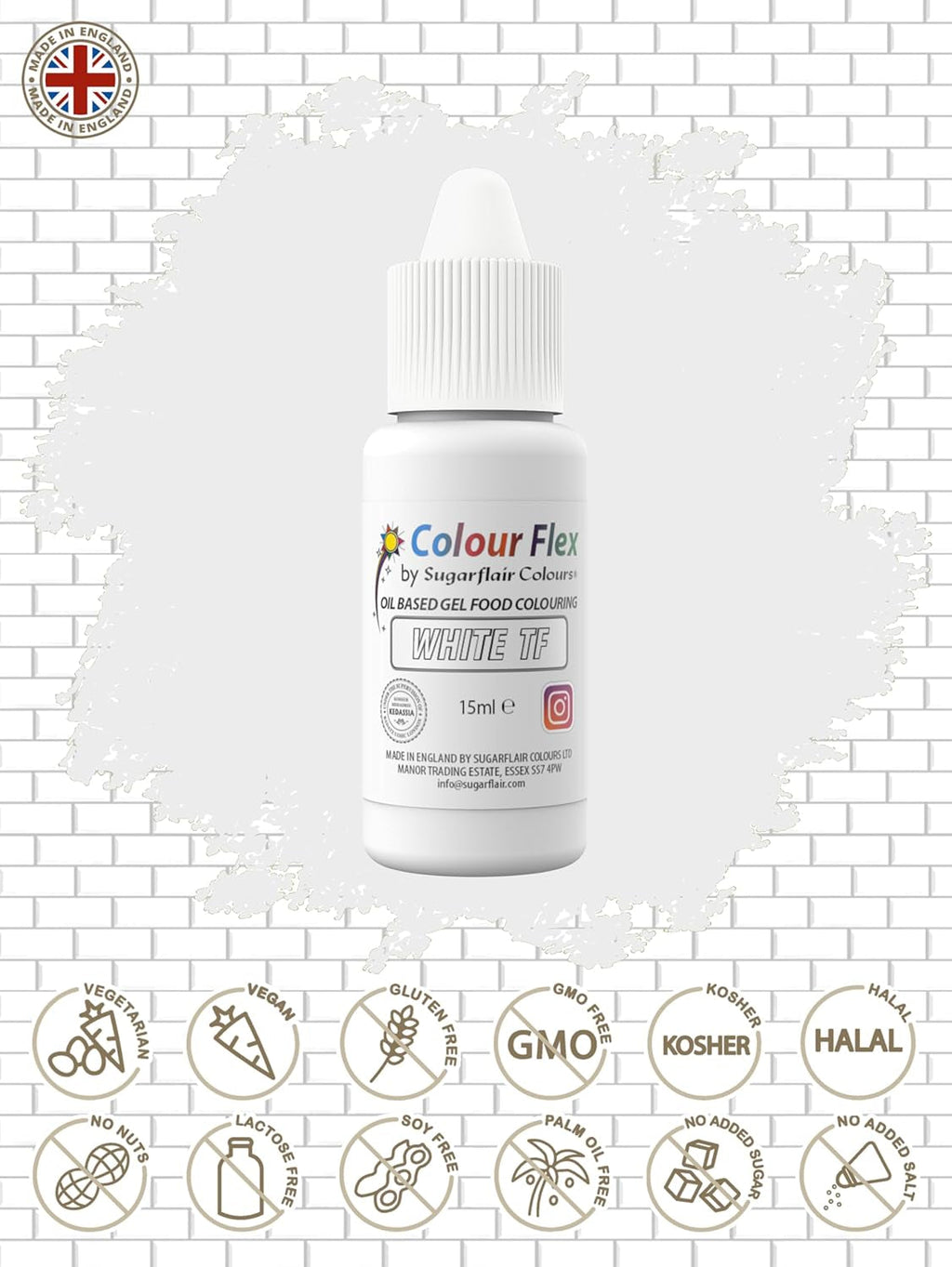 Colorant alimentar pe bază de ulei Sugarflair Colourflex alb, colorant alimentar lichid foarte concentrat, colorant alimentar pentru cremă de unt, ciocolată, aluat, fondant, glazură și multe altele - 15 ml