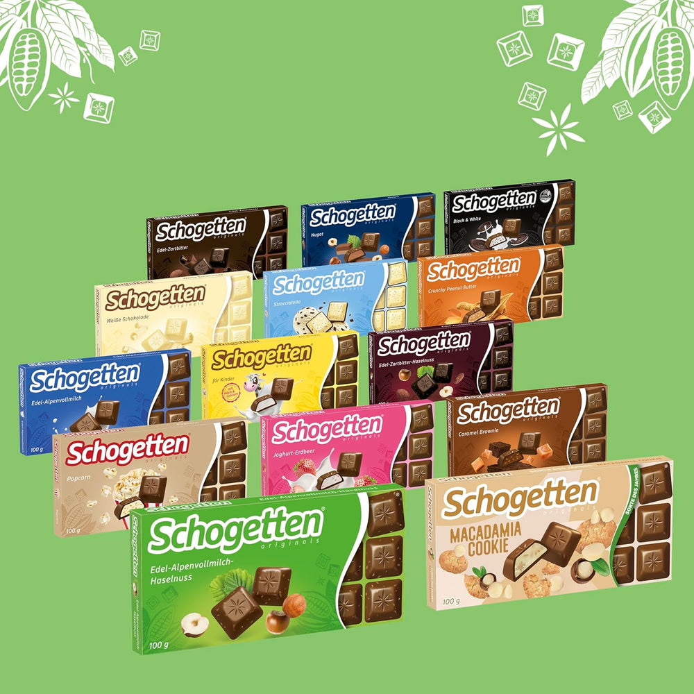 Chocolate con leche alpino Schogetten Premium con avellanas, barra de chocolate de 100 g, en porciones individuales. Una delicia. Pieza por pieza.