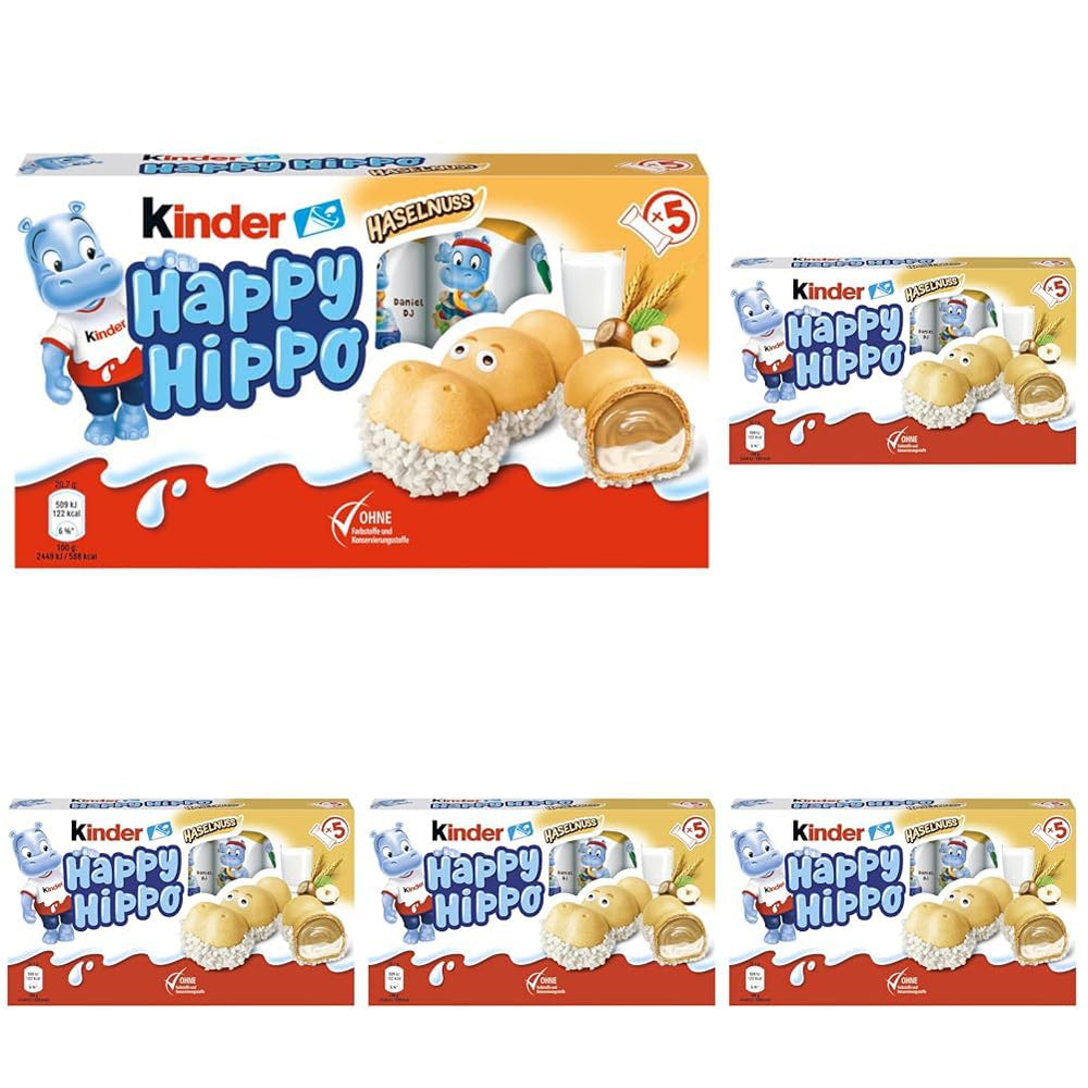 Kinder Happy Hippo Avellana - Obleas Crujientes Especiales con Leche y Crema de Avellanas - Dulces de Carnaval y Mardi Gras - 1 paquete que contiene 5 barritas individuales de 20,7g cada una