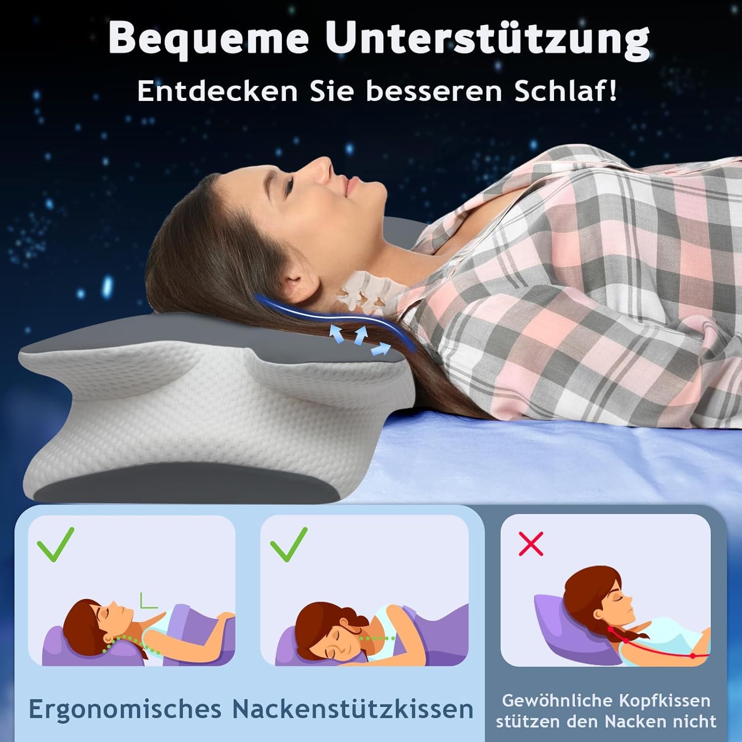 Pernă din spumă de memorie Pernă pentru gât Pernă ortopedică - Design ergonomic Cu formă goală Pentru cei care dorm lateral, pe spate și pe stomac Gri Perne ortopedice cervicale Naty Shop