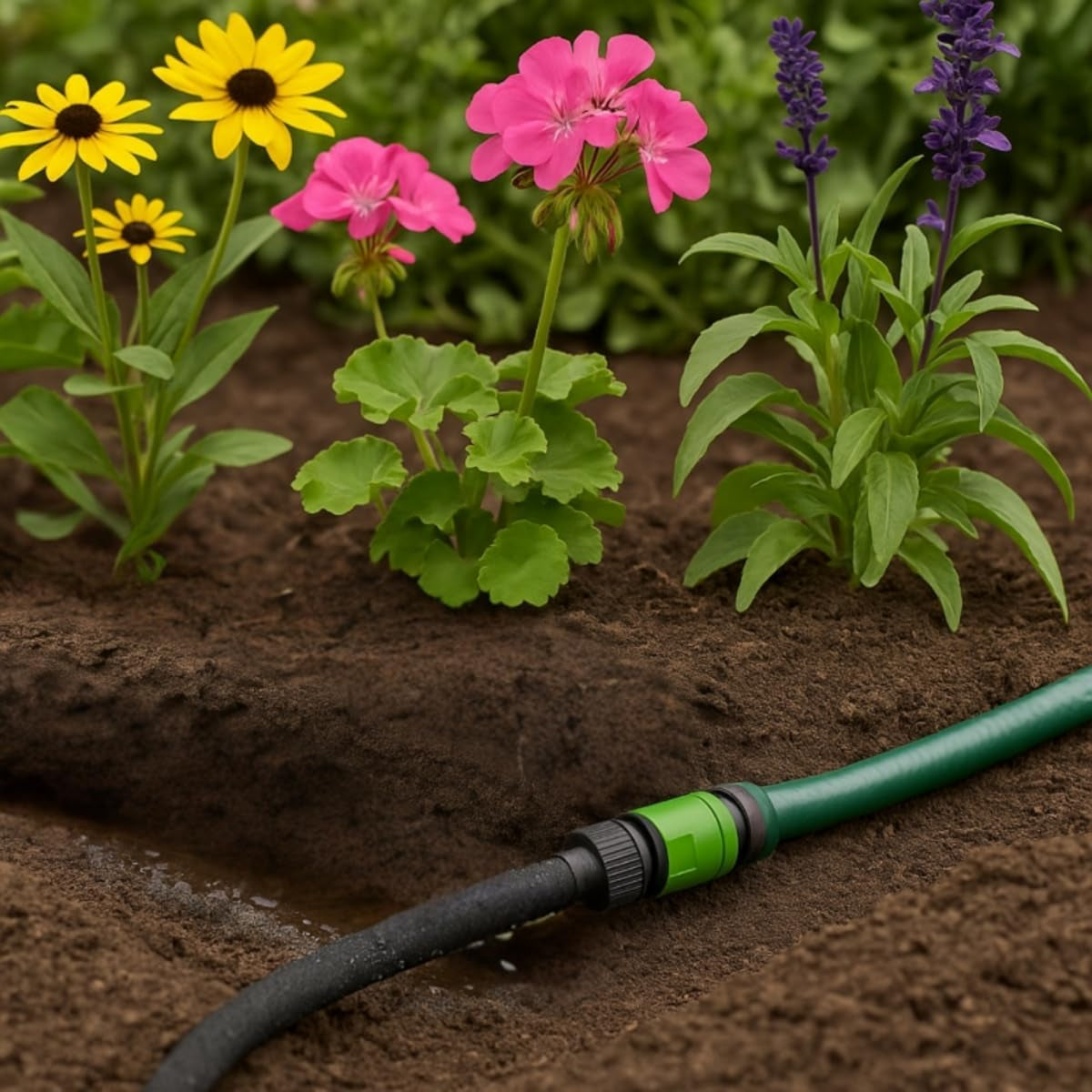 Furtun de picurare Kinzo 15M Ø14mm – Furtun de grădină cu 3 cuple – Furtun de grădină cu economie de apă pentru sisteme de pulverizare – Furtun negru