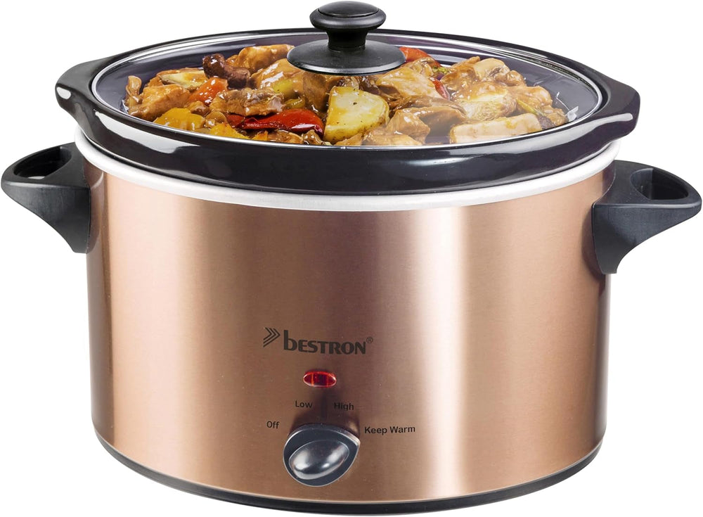 Bestron slow cooker cu tigaie ceramică și capac din sticlă, termostat cu 3 niveluri, ideal pentru multe feluri de mâncare, cum ar fi carne, supe și legume, 3,5 litri, culoare: argintiu Slow Cooker Naty Shop Aramiu 4 persoane