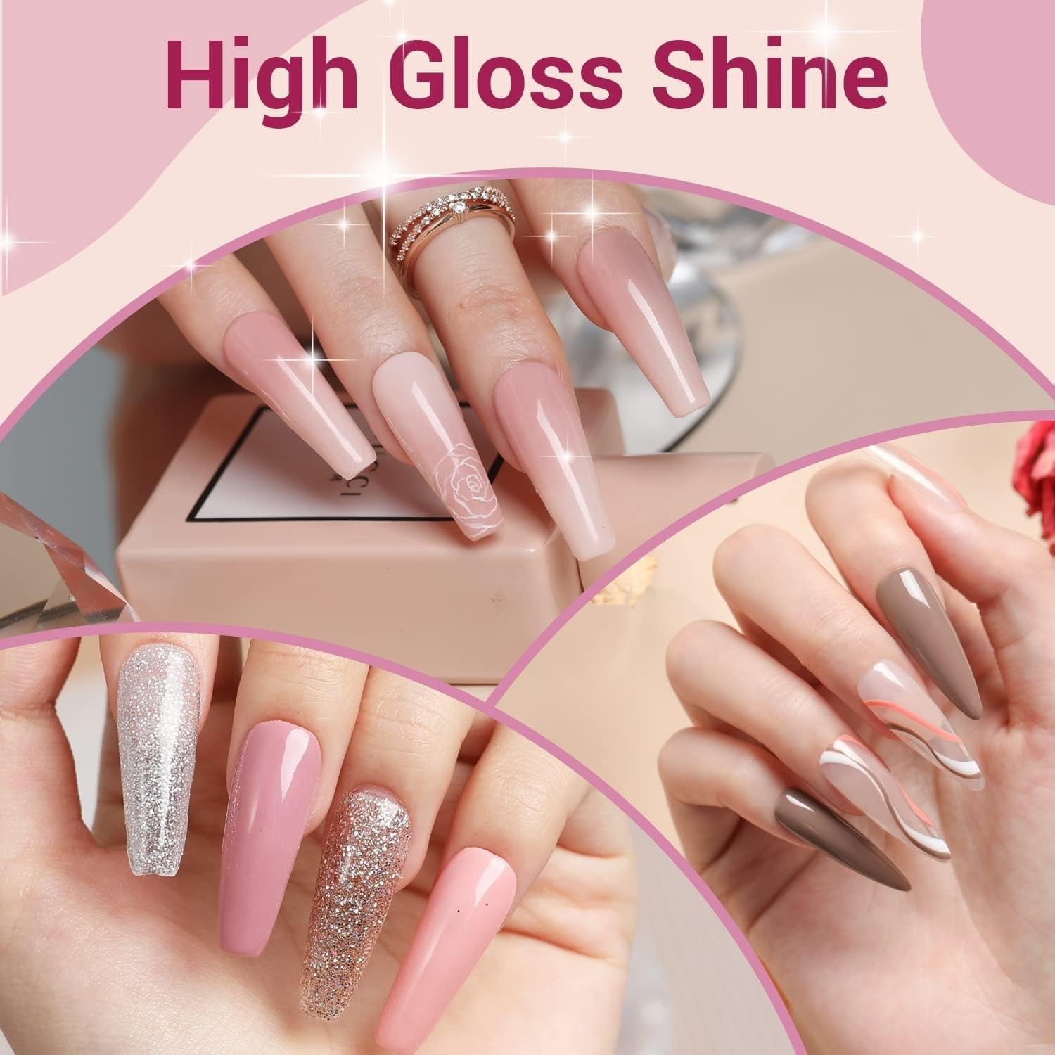 Modelones Set de 35 de bucăți pentru unghii cu gel, Set de ojă UV cu lampă 48W, Set de ojă gel maro nud alb roz, Set de ojă gel UV cu bază top coat Set studio unghii