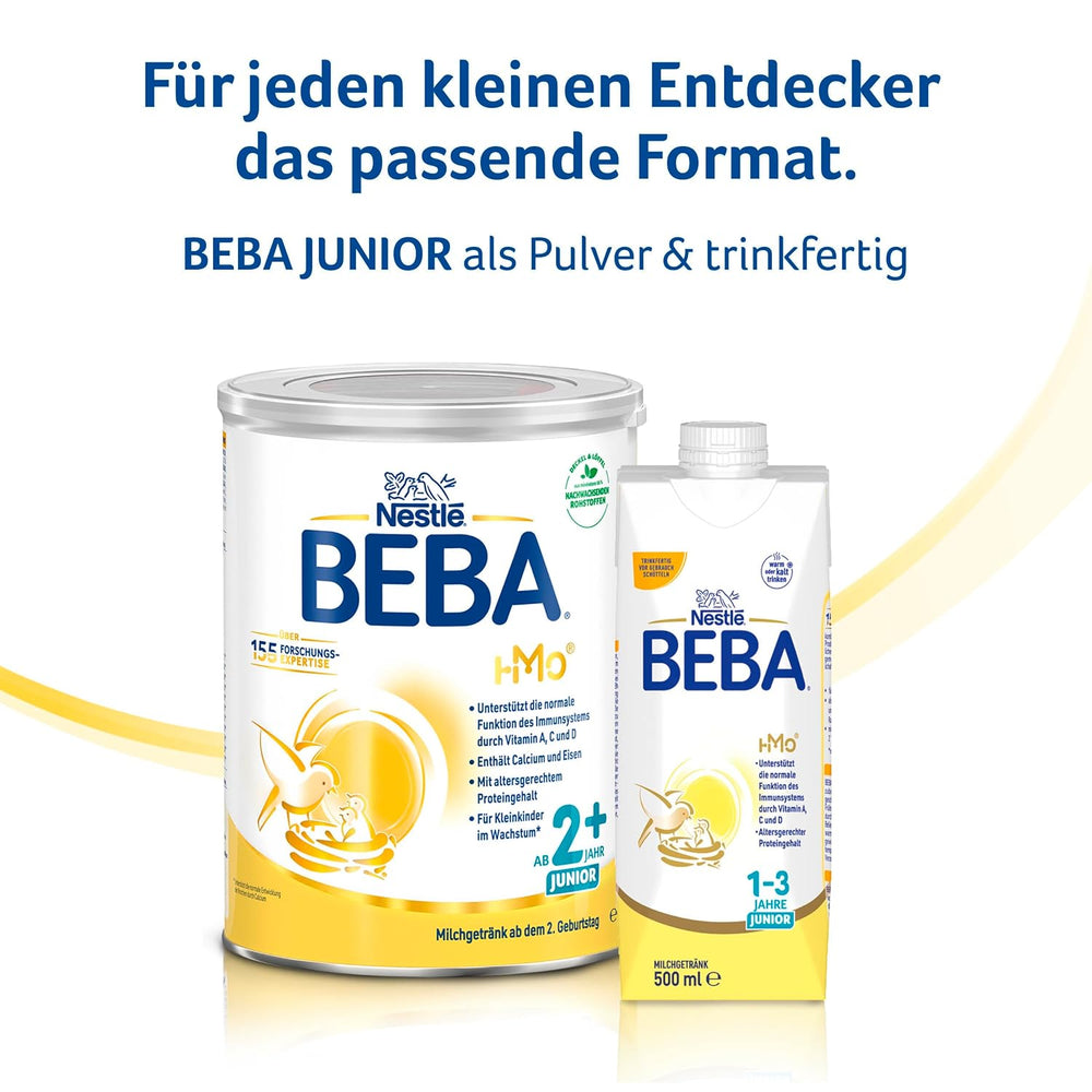 BEBA Junior 2+ bebida láctea a partir de 2 años, Con HMO, Contenido de proteínas apropiado para la edad, Solo lactosa, Sin aceite de palma, Sin aceite de pescado, Comida para niños pequeños, Leche en polvo para bebés, Paquete de 6 (6 x 800 g)