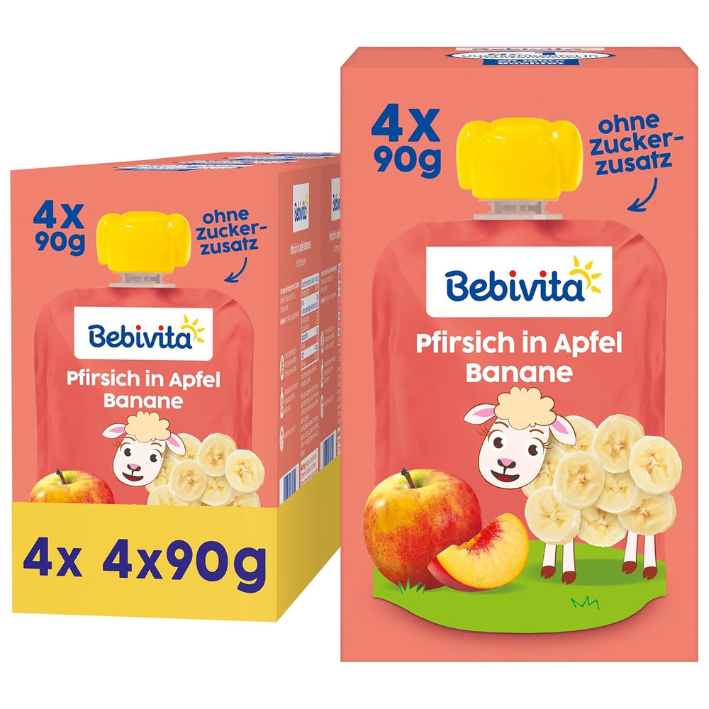 Bolsas exprimibles de melocotón, manzana y plátano - 16 (paquete de 4, 4 x 90 g cada una), sin azúcar añadido, sin gluten, ideales para snacks para llevar y para autoconsumo