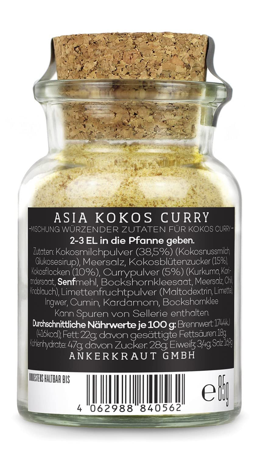 Ankerkraut Asia Kokos Curry, 85 g en vaso de corcho, Gewürz für Kokos-Milch Gemüse Fleisch, Einfach Lecker Zu Hause Kochen, Premium Qualität in der Panne