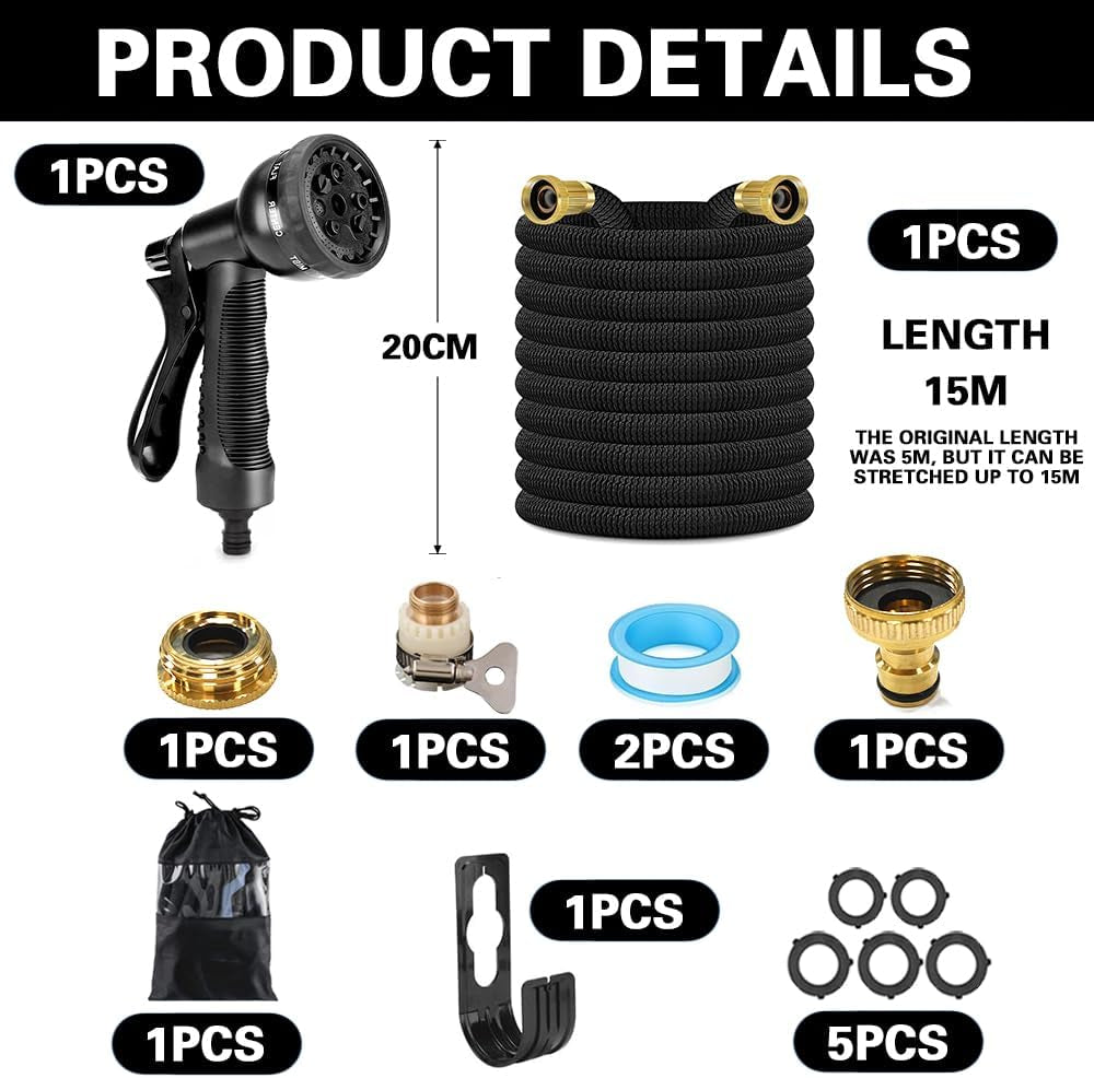 Furtun de grădină flexibil și extensibil de 15 m, furtun flexibil de apă cu 8 funcții de pulverizare, furtun flexibil de la 1/2 inch la 3/4 inch, furtun de grădină, pentru udarea grădinii, spălarea mașinii, spălarea și udarea apei