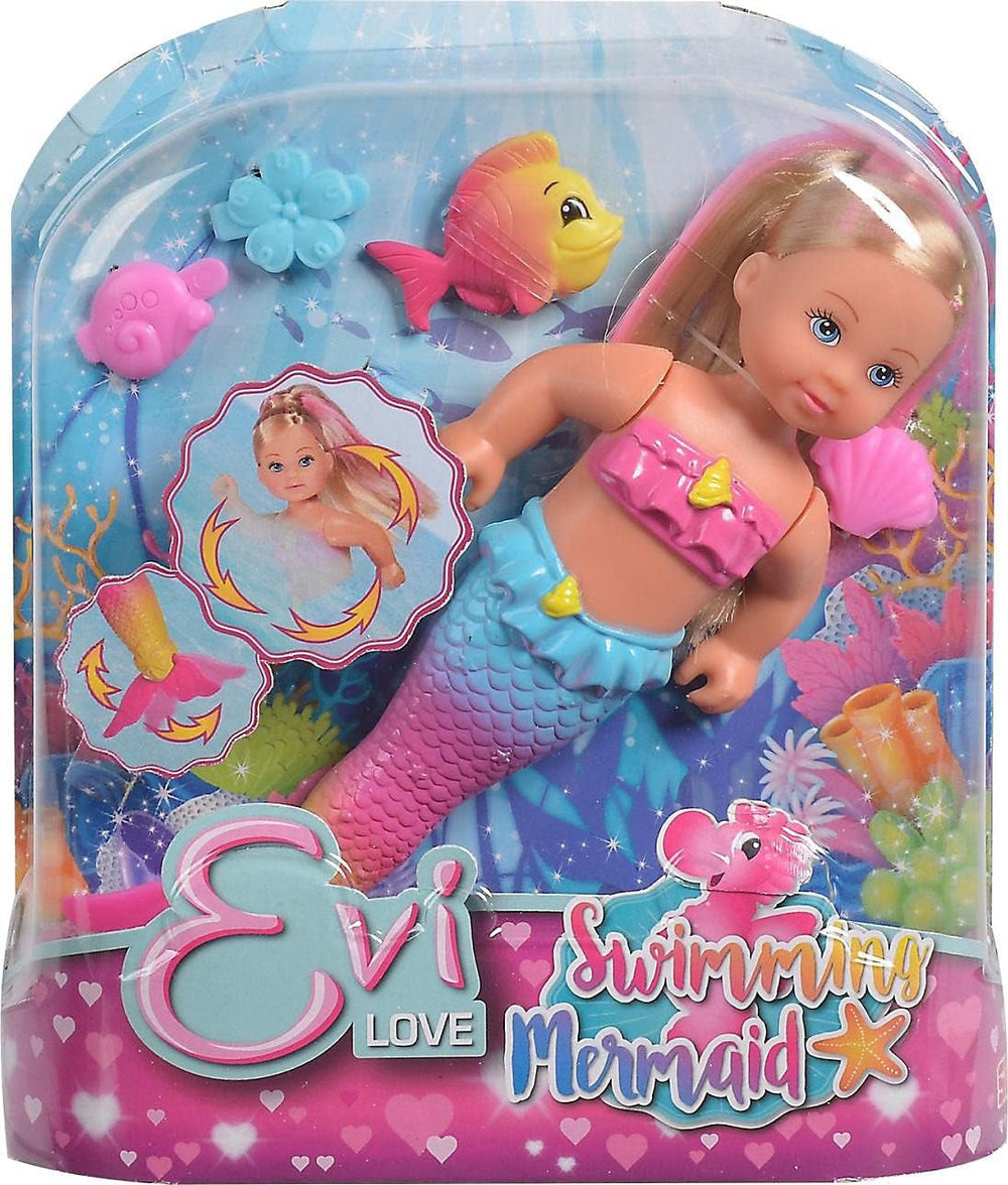 Simba 105733318 - Evi Love Swimming Mermaid, Evi como una sirena, Sabe nadar correctamente, Con figura de pez, Muñeco de vestir, 12cm, Para niños a partir de 3 años Muñecas Naty Shop