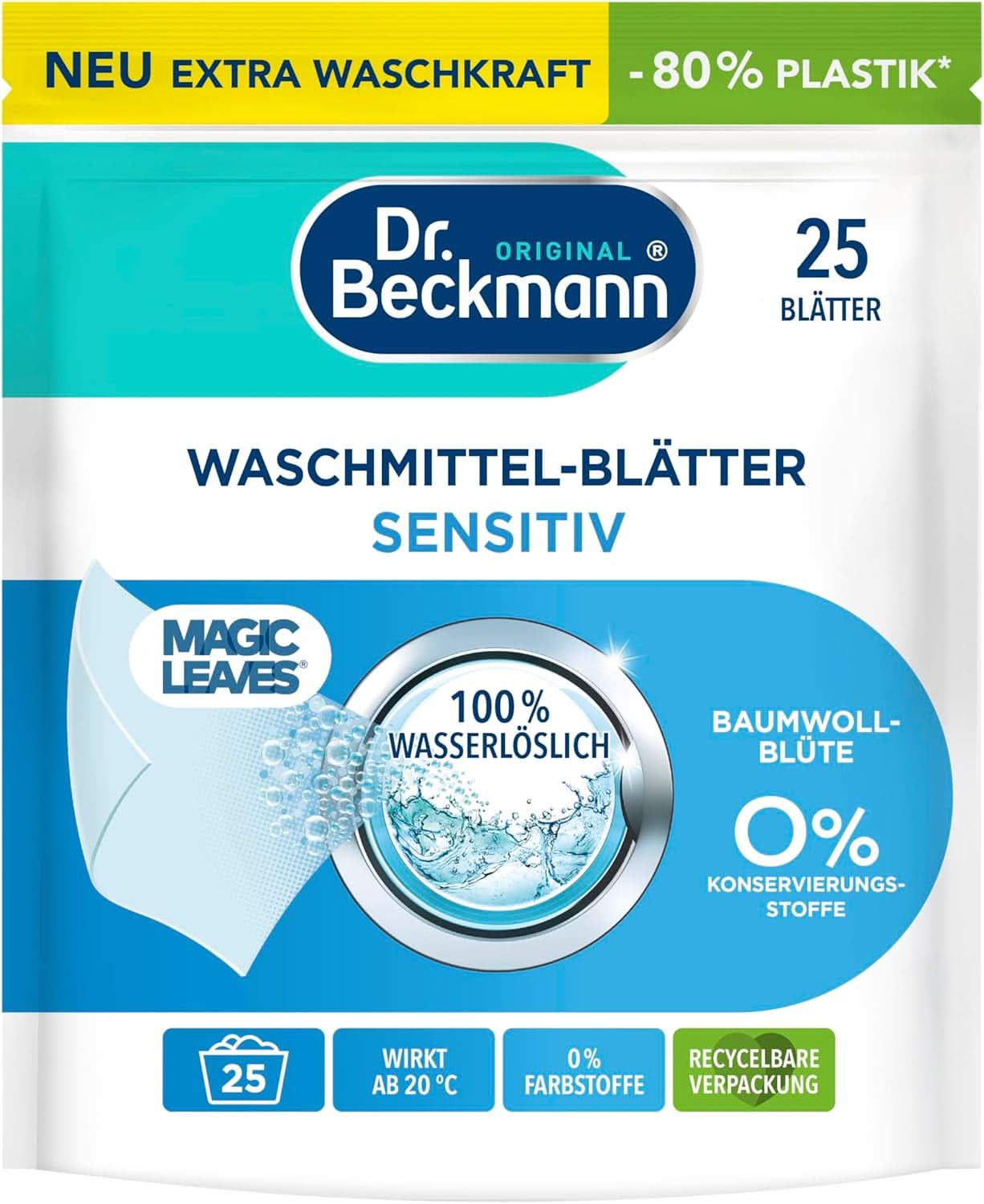 Hojas de detergente Dr Beckmann COLOR HOJAS MÁGICAS | Toallitas de lavado predosificadas y solubles en agua | Ahorro de espacio y fácil de usar | 25 hojas Naty Shop Detergentes para Ropa 25 piezas Sensitive