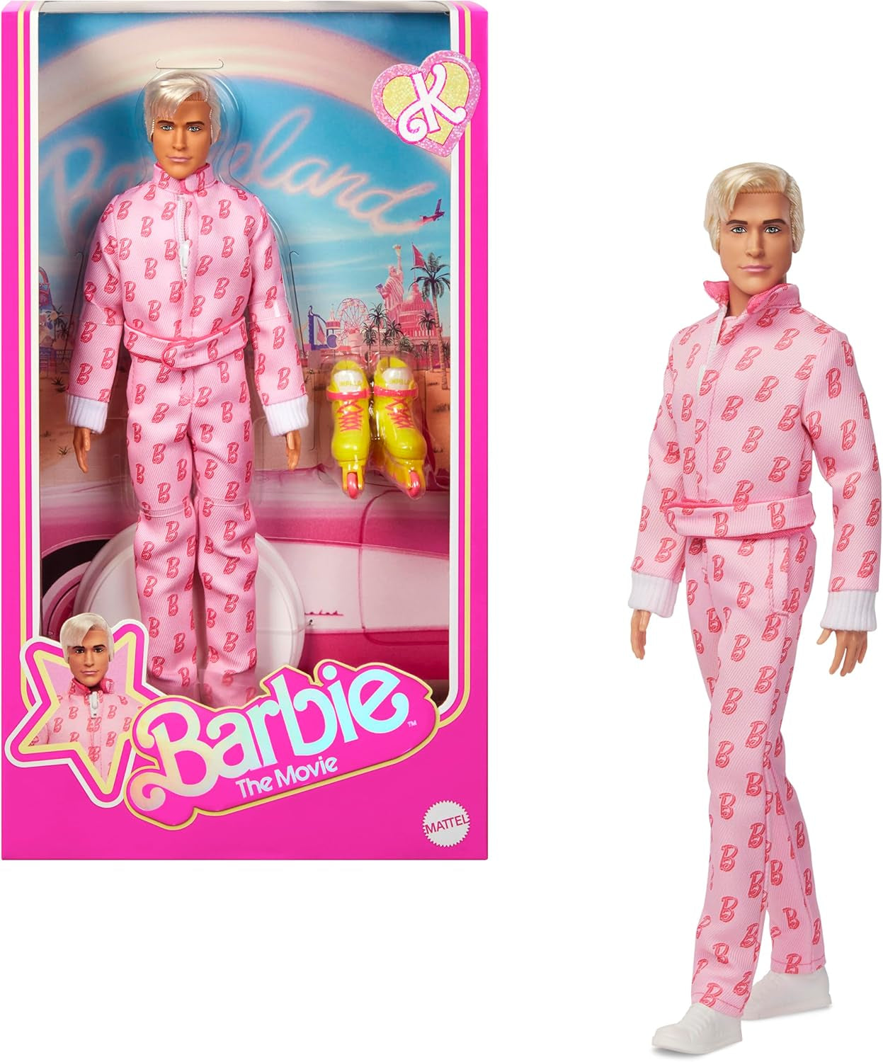 Barbie The Movie - Ken-Sammelpuppe, Ryan Gosling als Ken in rosafarbenem Overall mit „B“-Aufdruck, weißen Sneakern und bunten Inlineskates, JCP80