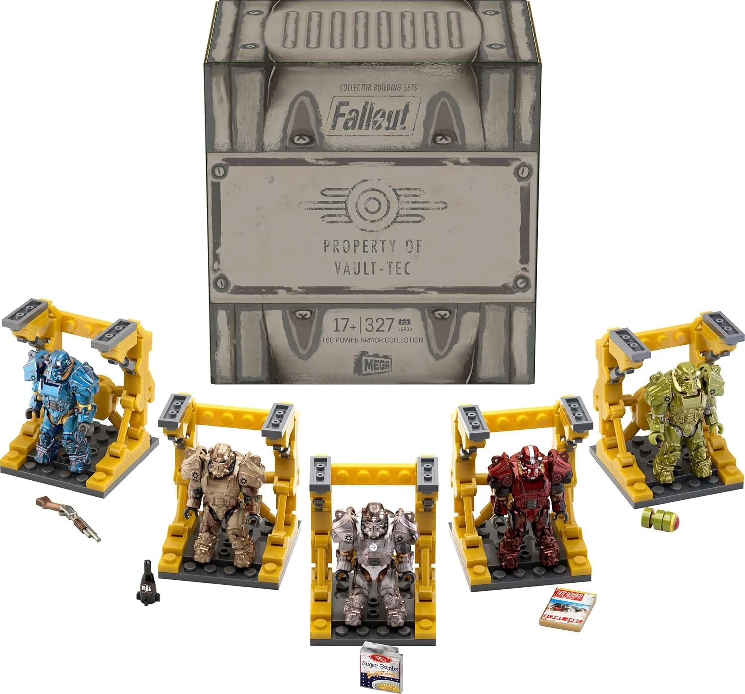 Figuras de acción de MEGA Fallout, colección T-60 Power Armor con 327 piezas, 5 figuras de acción y accesorios para sammler