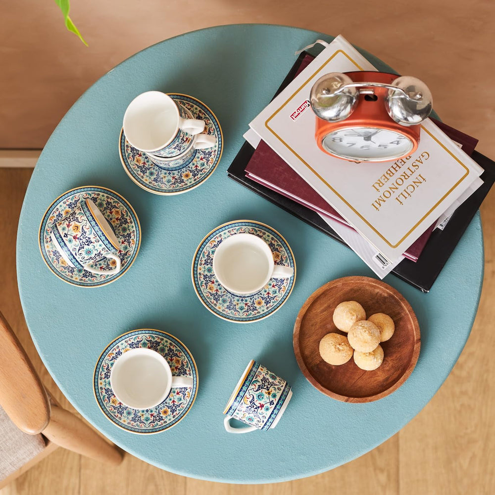 KARACA Beylerbeyi - Set de cești de cafea turcească, 12 piese, Set de 6 cești de espresso din porțelan cu farfurioare, Set de cești de espresso de 80 ml, Design tradițional - Albastru