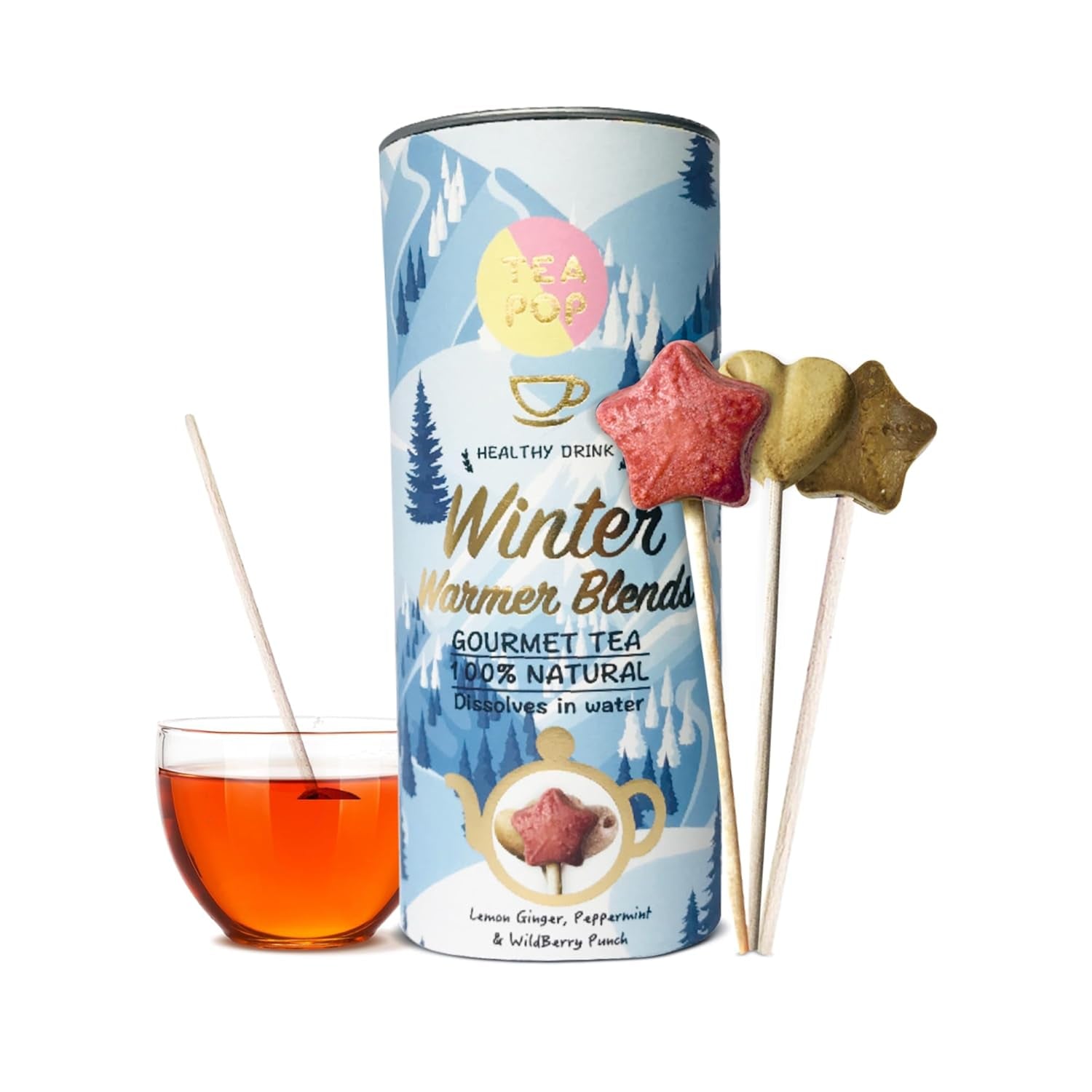 Ceaiuri din plante și fructe Tea-Pop, 6 stickuri Tea-Pop 100% naturale, ceaiuri gourmet vegane cu lămâie și ghimbir, punch de fructe, caramel crocant, ușor solubile în apă