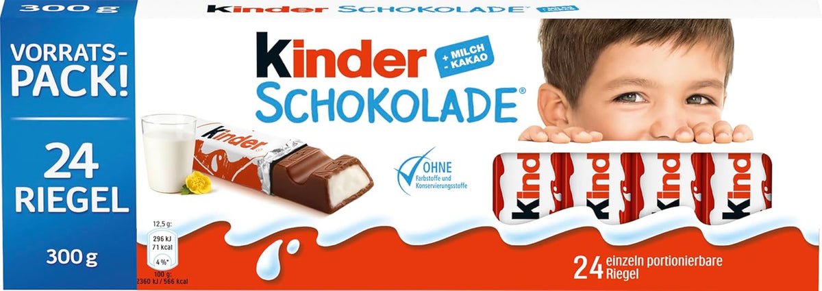 Kinder Chocolate - Barras de chocolate con leche rellenas - 1 paquete que contiene 24 barras individuales (24 x 12,5 g).