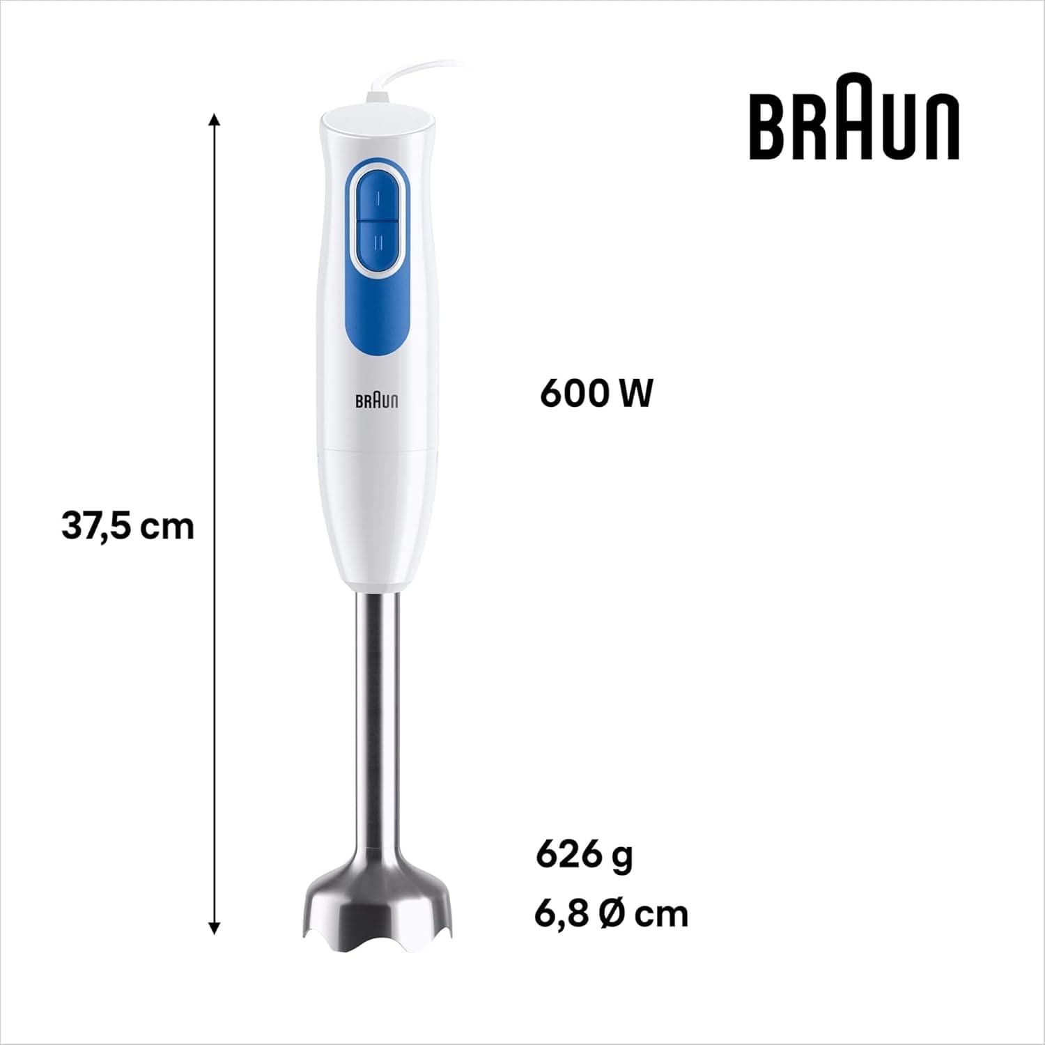 Braun Multiquick2 MQ20236MWH Stabmixer, Batidora Zum Mixen Von Saucen Und Smoothies, 2 Geschwindigkeitsstufen, Zerkleinerer 500 Ml, Becher 600 Ml, Schneebesen Aus Stahl Mother and Child Naty Shop