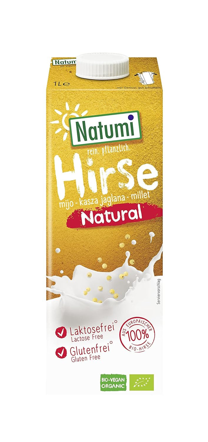 Natumi Bio Hirsedrink Natur, 6 x 1L - Sin lactosa, Vegano, Bio, Sin gluten, Milchfreie, Alternativa Milchfreie