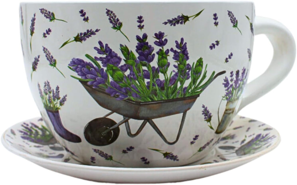 Ghiveci de flori Dekohelden24, jardinieră, ghiveci pentru plante, recipient pentru plante, ghiveci de flori. Ghiveci ceramic în formă de cupă cu mâner, design: lavandă, L/l/Î 25 x 23 x 14 cm.