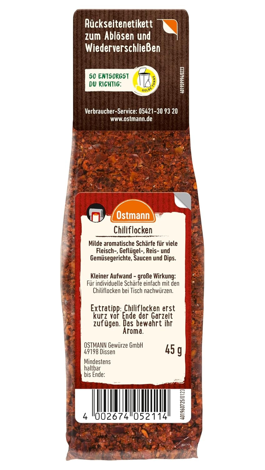 Ostmann Gewürze - Chiliflocken | Scharfes Topping para todo tipo de platos | Zum Nachfüllen der Streudose | 45 gramos en bolsa